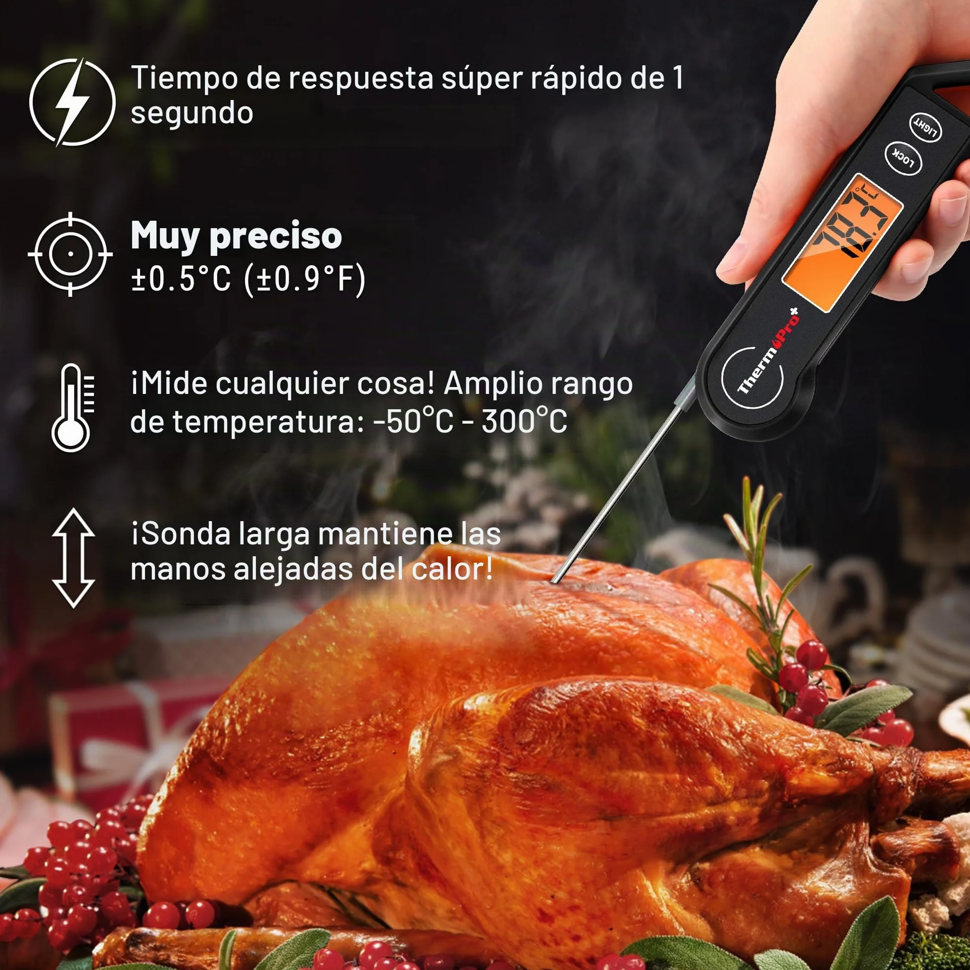 ThermoPro TP19HB Termómetro digital para carne, para barbacoa, plegable, para cocinar líquidos, leche, carne, cocina, color negro