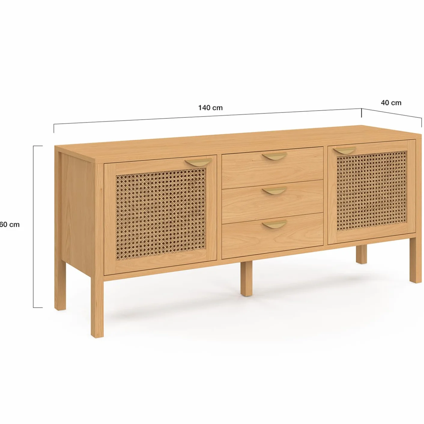 IDMarket EDHEN - Aparador bajo (140 cm, 2 puertas y 3 cajones, madera y cannado), Estanteria Almacenaje, Mueble