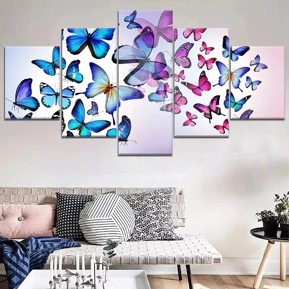 5 Piezas de Arte En Lienzo Colorido Grupo de Mariposas Pinturas Decorativas Modernas sobre Lienzo Arte de Pared para decoración del Hogar decoración de Pared