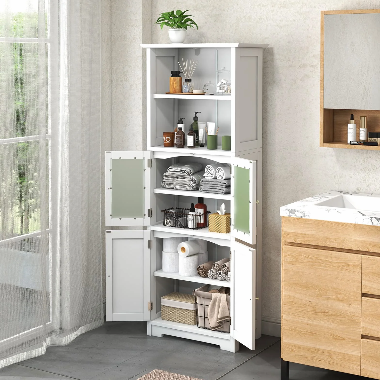 GIANTEX Armario de Almacenamiento Alto, Gabinete de Baño con Puerta & Estante Ajustable, Organizador Independiente de Suelo para Dormitorio, Cocina, Sala de Estar, Blanco,60 x 30 x 163 cm (Blanco)