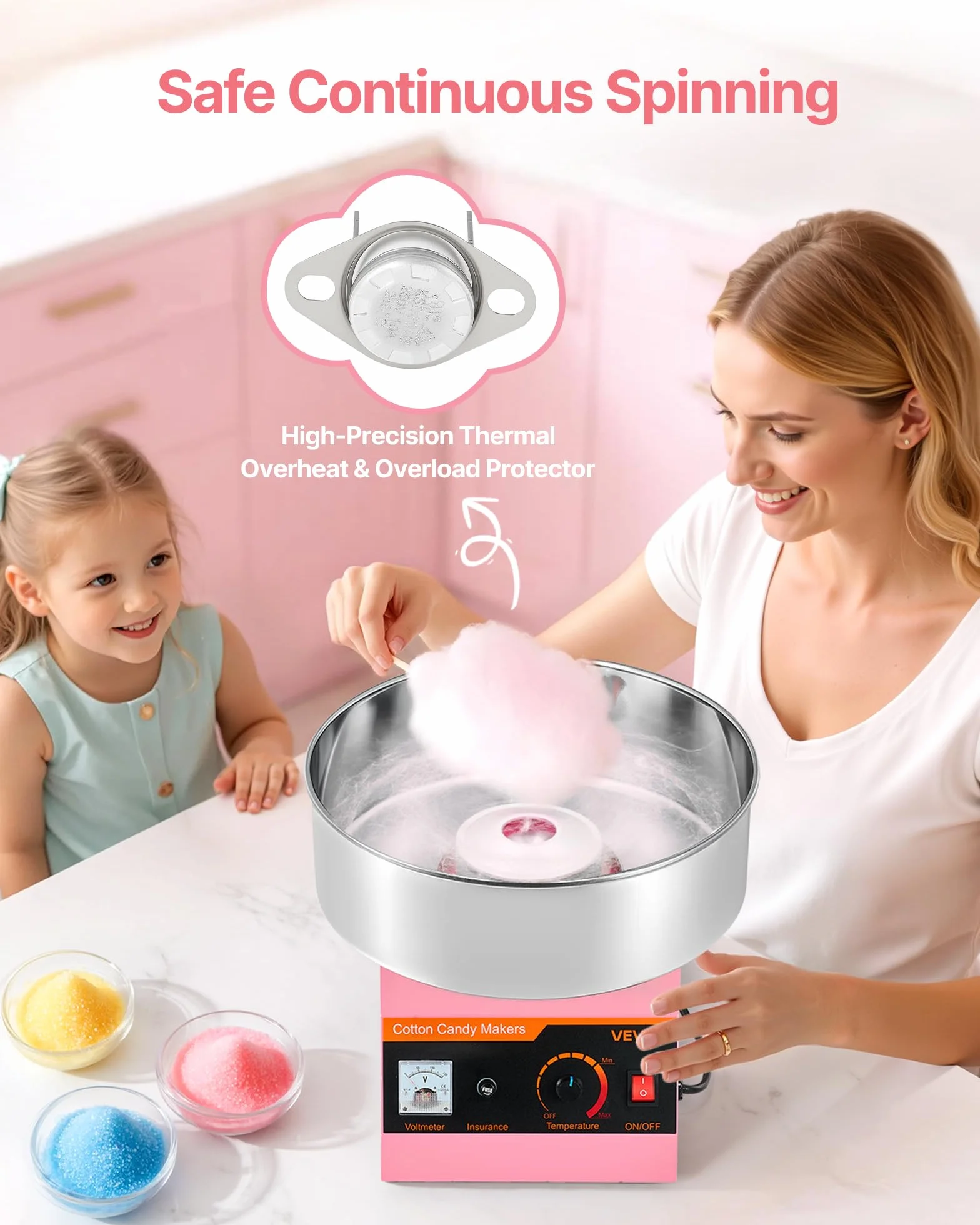 VEVOR Máquina de Algodón de Azúcar Eléctrica 1000 W 38 x 38 x 34 cm Rosa