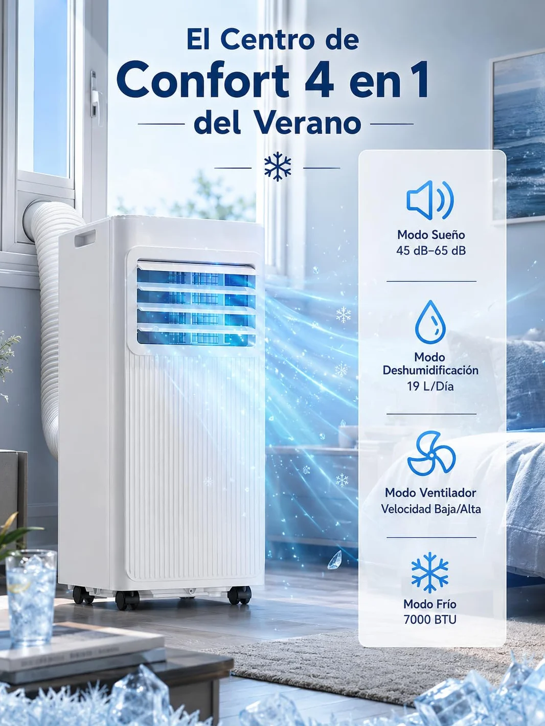 Aire Acondicionado Portátil 7000 BTU, Climatizador 4 en 1 (Frío, Ventilador, Deshumidificador 19L/D, Noche), Bajo Consumo, Silencioso, Temporizador 24H, Mando, Kit de Ventana Incluido, Blanco
