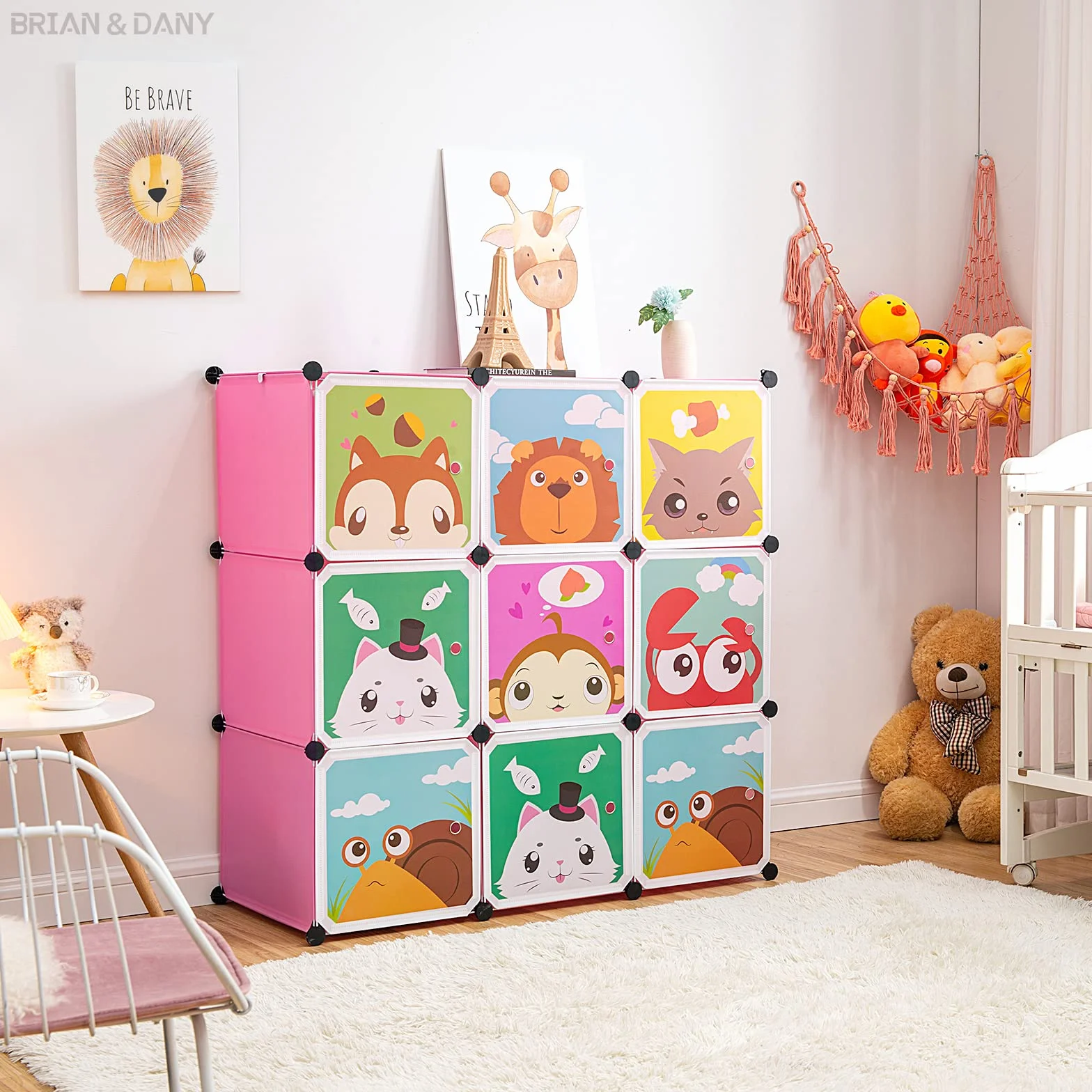 Armario Modular Infantil BRIAN & DANY con Dibujos Animados, Estantería Portátil, Rosada, 110x47x110 cm