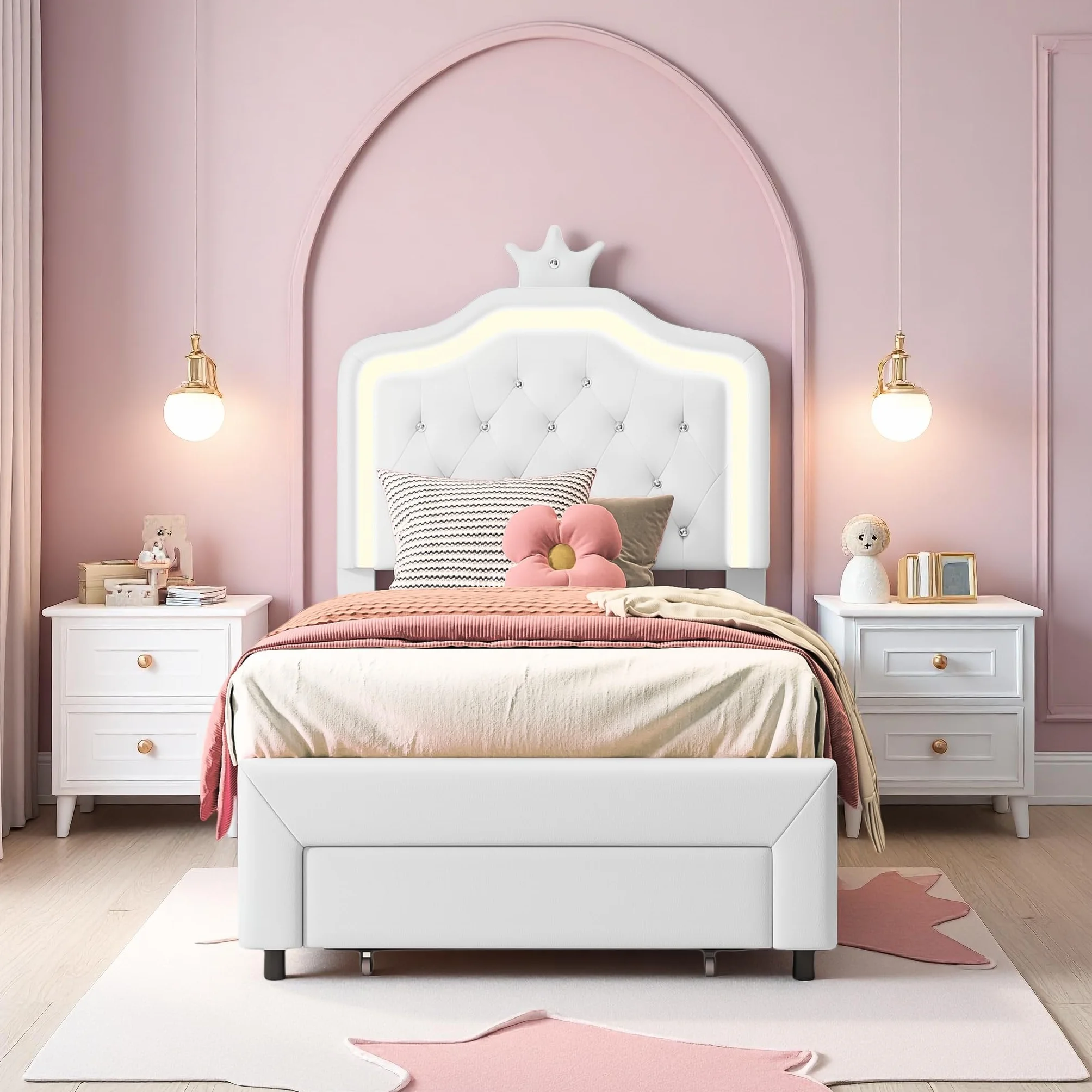 Cama Infantil 90x200 cm, Cama de Princesa con cabecero LED Corona, Camas Individuales Acolchadas con Somier de Láminas, Estructura de Cama para Niña con cajón, Camas de 1 Plaza para Niña
