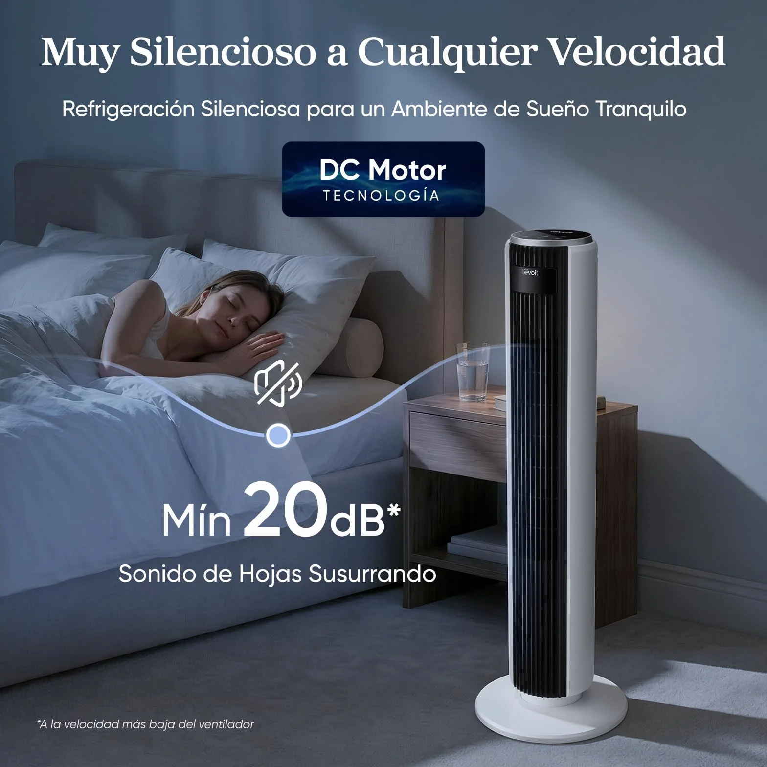 LEVOIT Ventilador de Torre 26W Motor DC 7.9m/s Silencioso 12 Velocidades Temporizador 12H Oscilación 90° Blanco