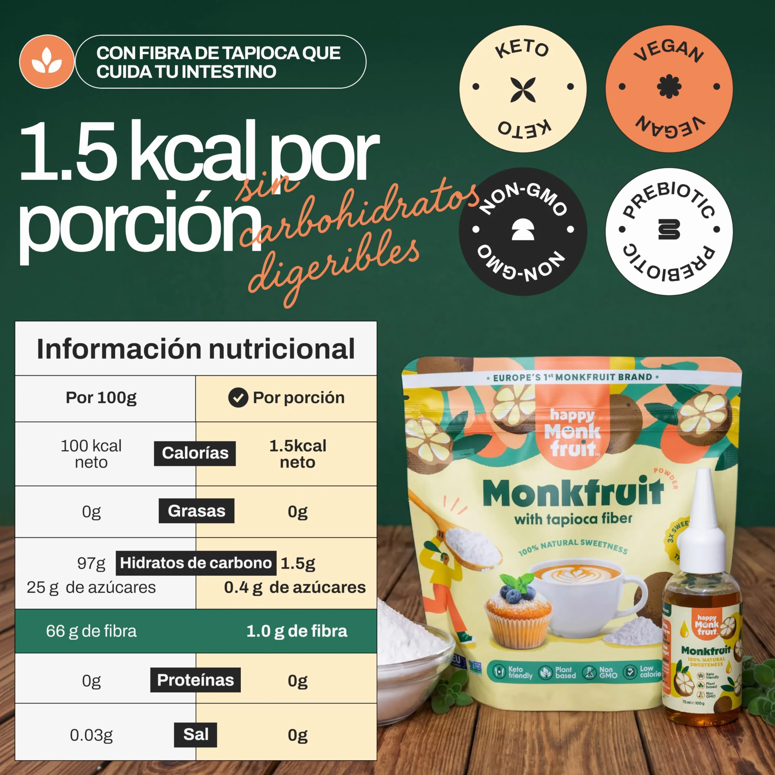 Endulzante de fruta del monje en polvo 200 g - 3× más dulce que el azúcar, monk fruit natural apta para keto, 150 porciones