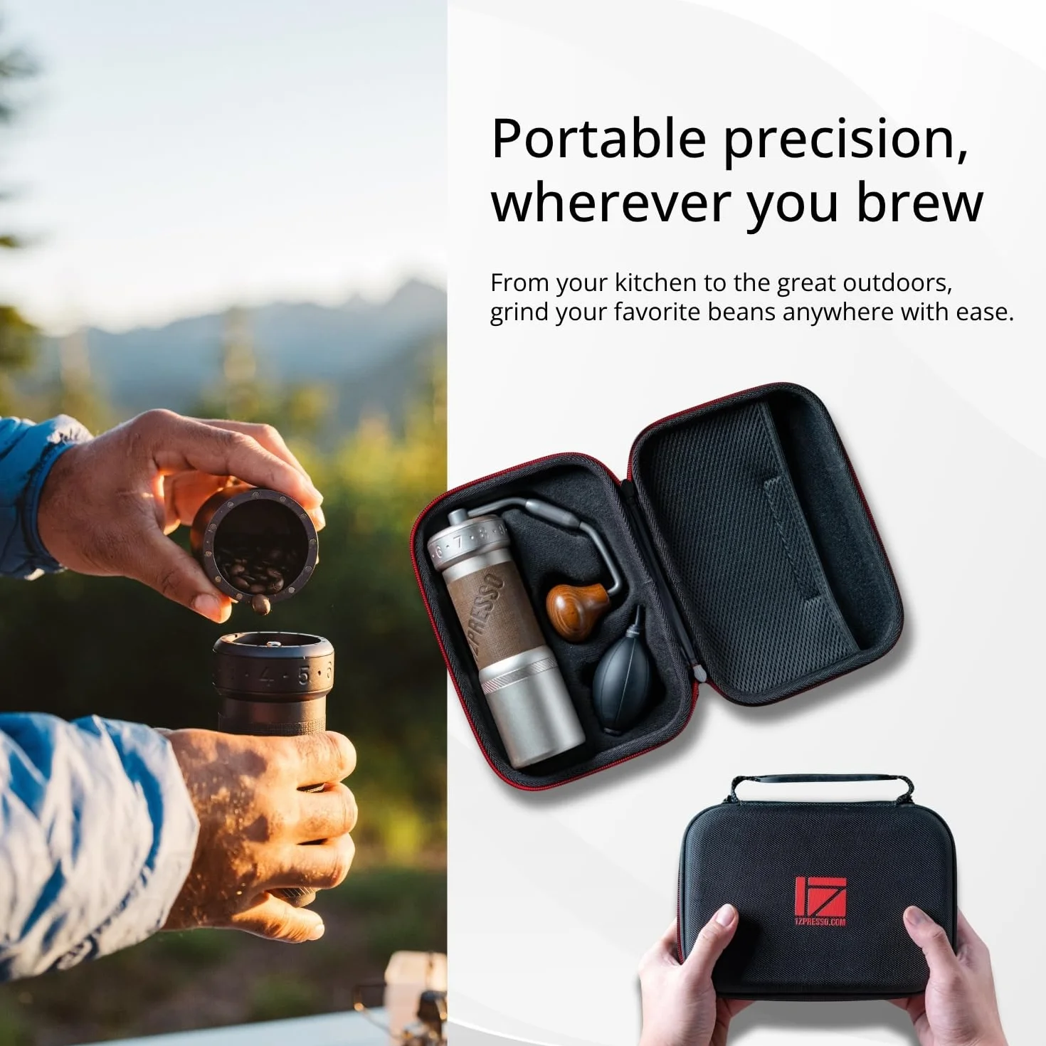 1Zpresso K-Ultra - Molinillo de café manual gris hierro con funda de transporte, molienda de consistencia de montaje, rebabas cónicas de acero inoxidable, mango plegable, ajuste ajustable externo