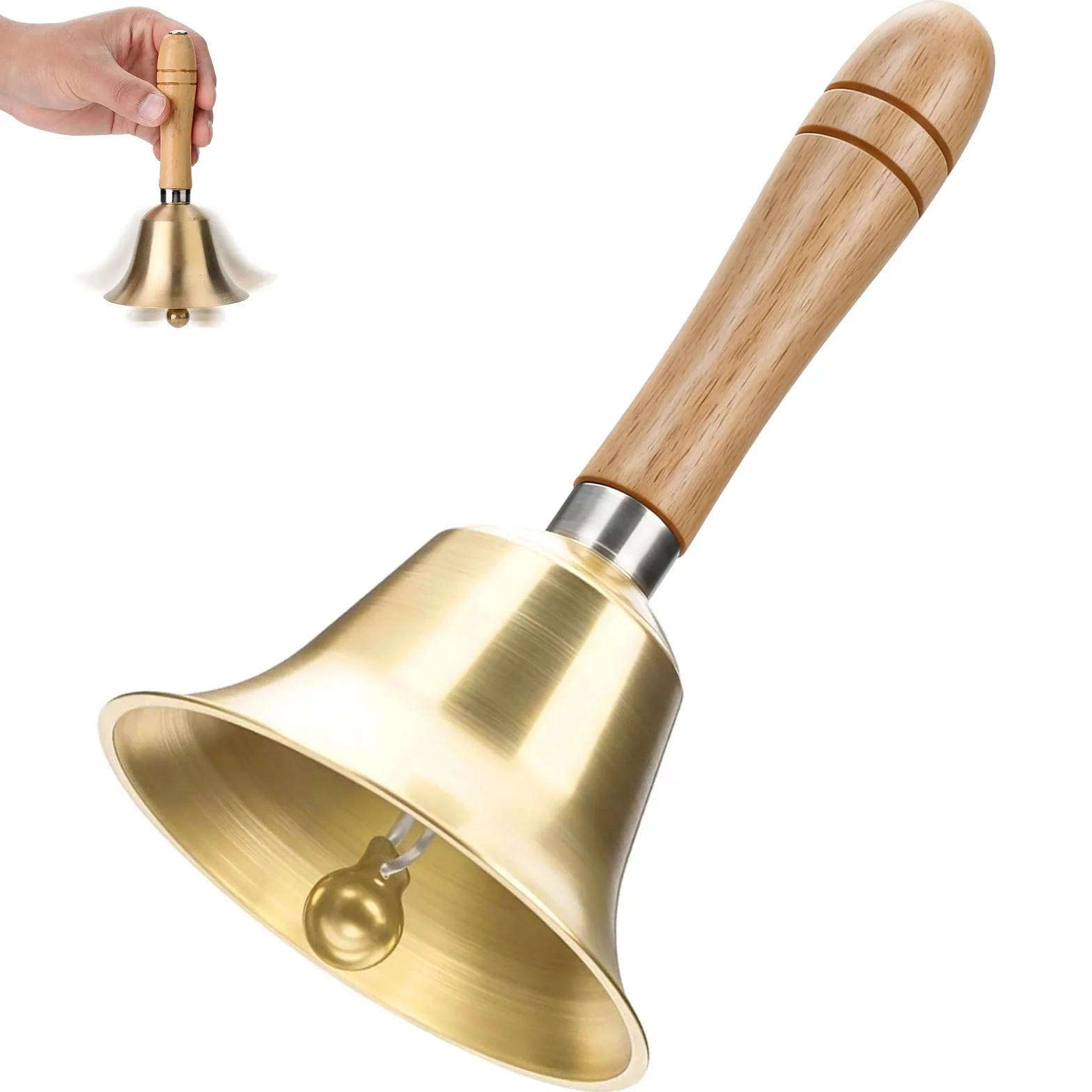 Campana Mano Súper Ruidosa con Mango Madera, Campanas Servicio Atención Metal Clásicas, Cascabeles Papa Noel Campanilla Navidad Latón para Escuela, Recepción Cena, Hotel, Decoración Hogar (Oro)