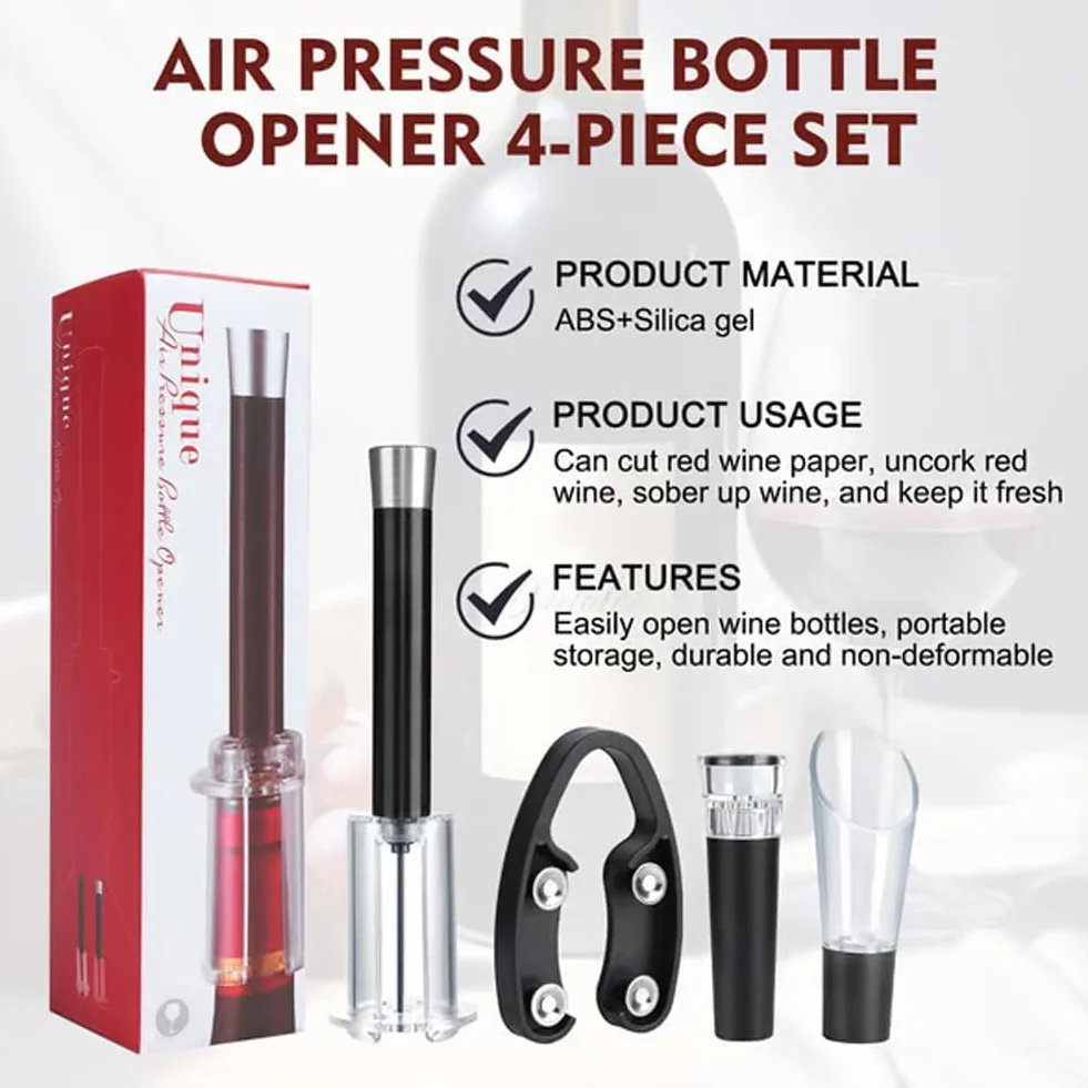 MIRACLEW Wine Opener, Air Pump Cork Remover Wine Bottle Opener Set, Miracle Air Pressure Wine Opener Set, with Bottle Opener, Vacuum Stopper, Wine Pourer, Paper Cutter (Silver)