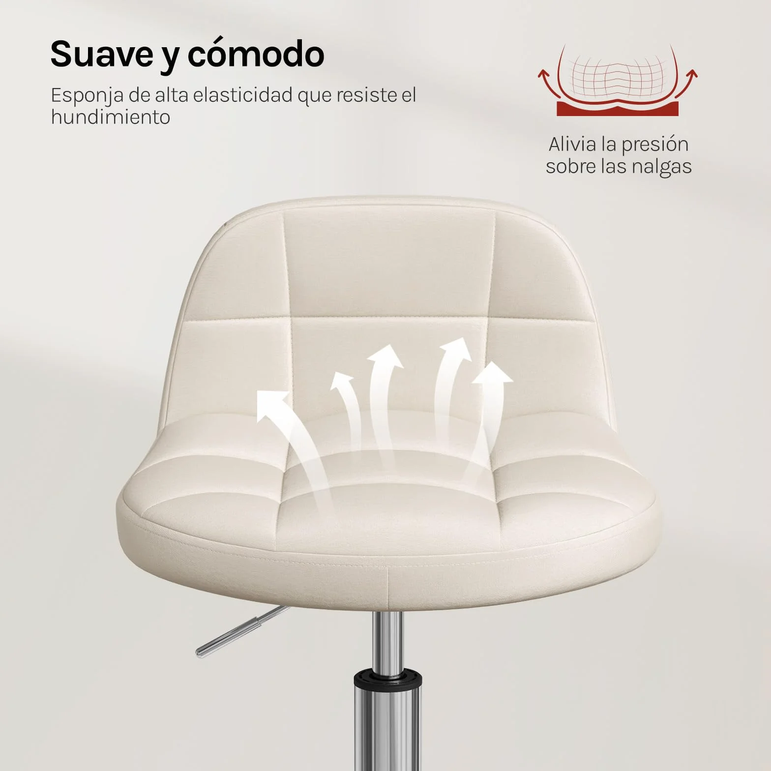 WOLTU Silla de Tocador Terciopelo, Taburete Giratorio con Respaldo Bajo, Altura Regulable 43,5-55 cm, Estructura Metálica Crema