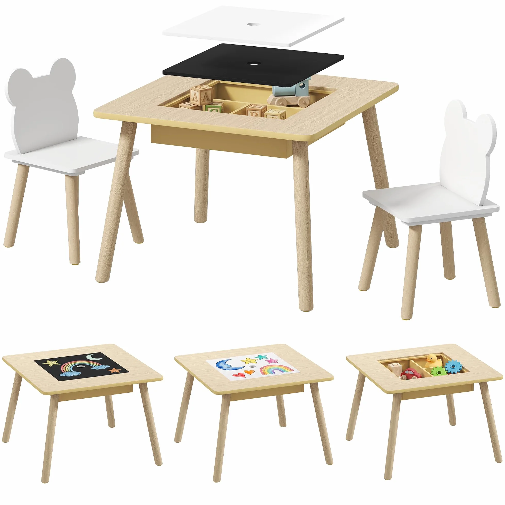 AIYAPLAY Juego de Mesa y 2 Sillas Infantiles de Madera con Pizarra, Respaldo Osito y Compartimentos, Natural y Blanco