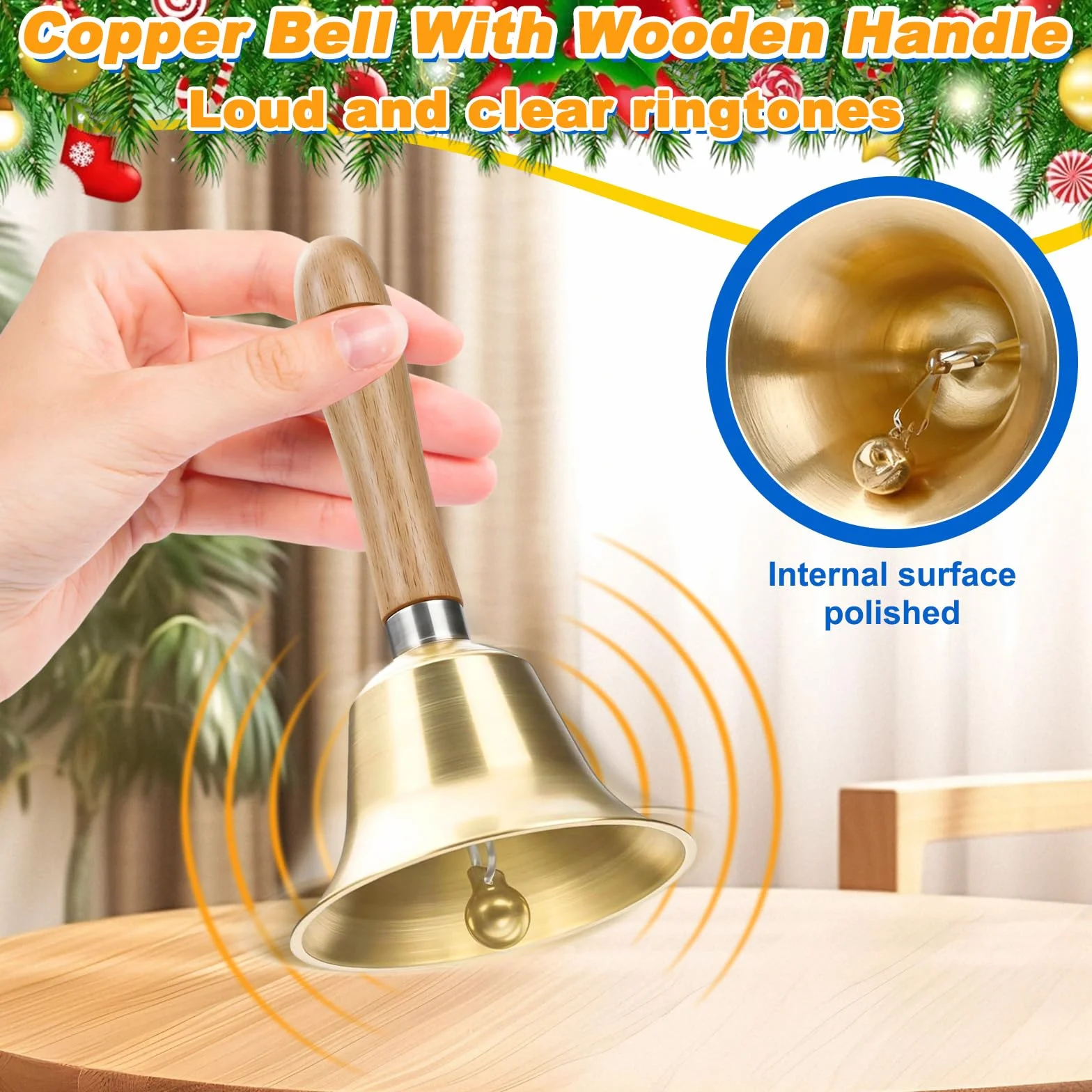 Campana Mano Súper Ruidosa con Mango Madera, Campanas Servicio Atención Metal Clásicas, Cascabeles Papa Noel Campanilla Navidad Latón para Escuela, Recepción Cena, Hotel, Decoración Hogar (Oro)
