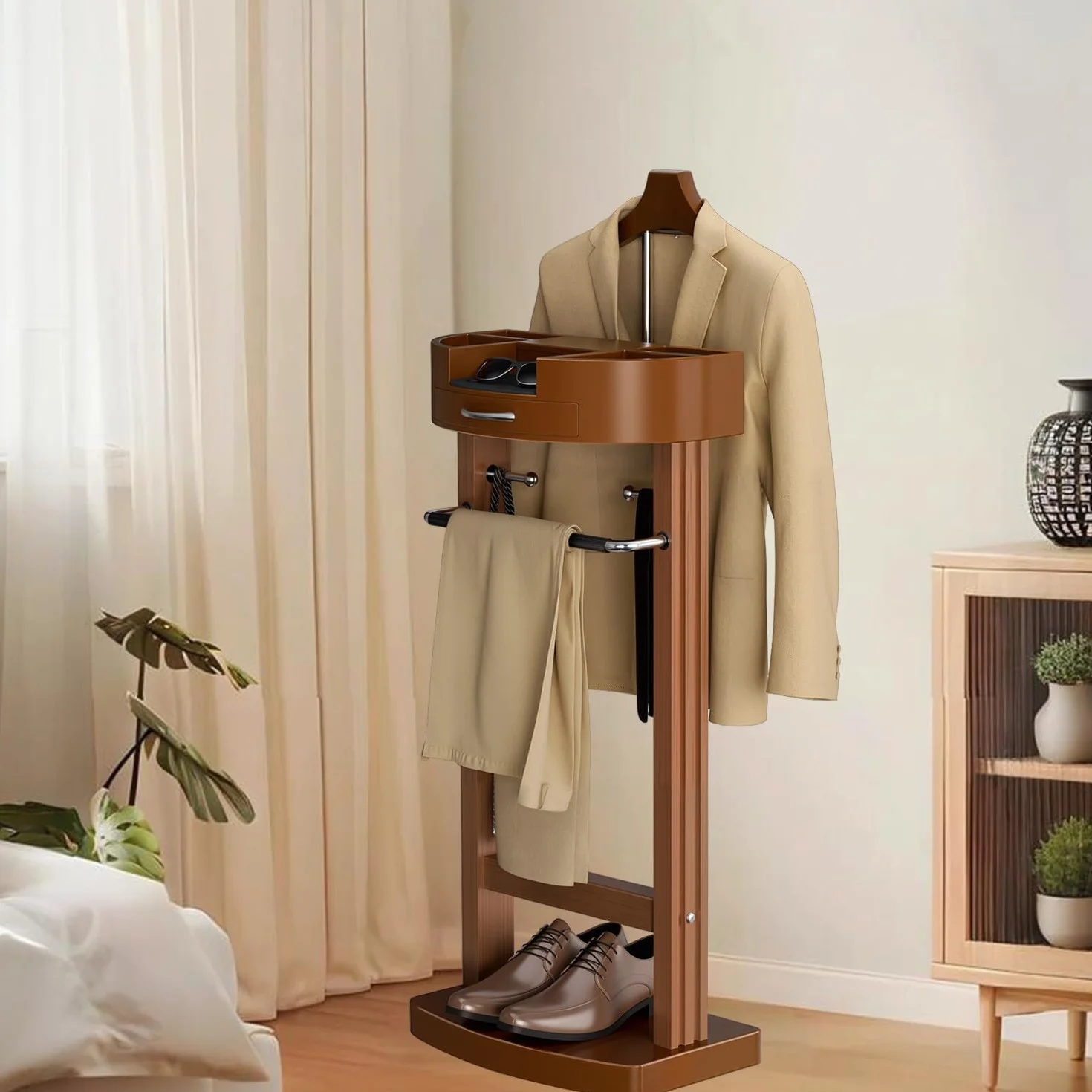 Galán de Noche Moderno con Cajón y Bandeja, Marrón para Dormitorio