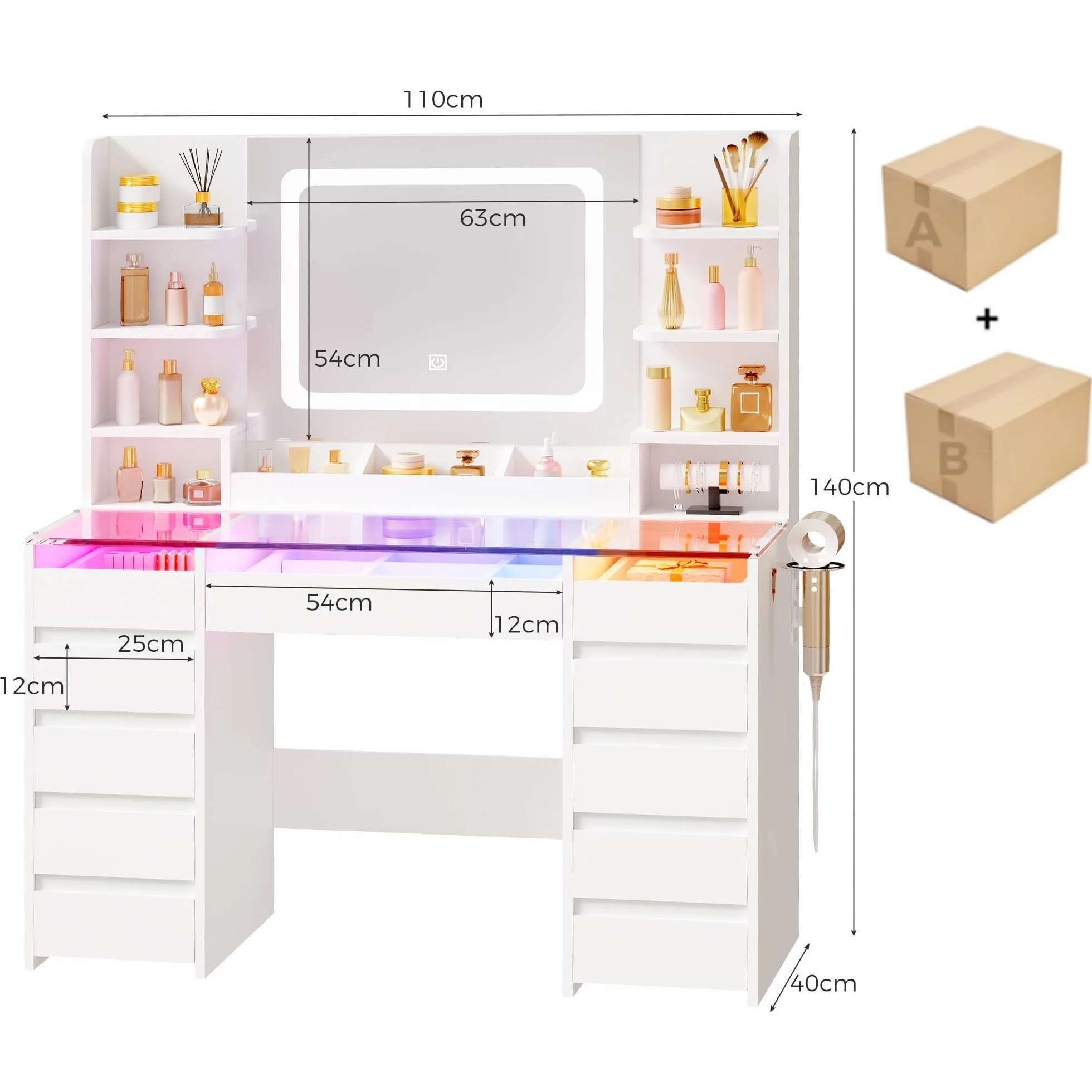 BEWISHOME Tocador de Maquillaje con Espejo y Luces LED, Mesa de Maquillaje con Cubierta de Vidrio Transparente, 11 Cajones RGB, 6 Estantes, Tocador Maquillaje con Enchufes Moderno Blanco EFST57W