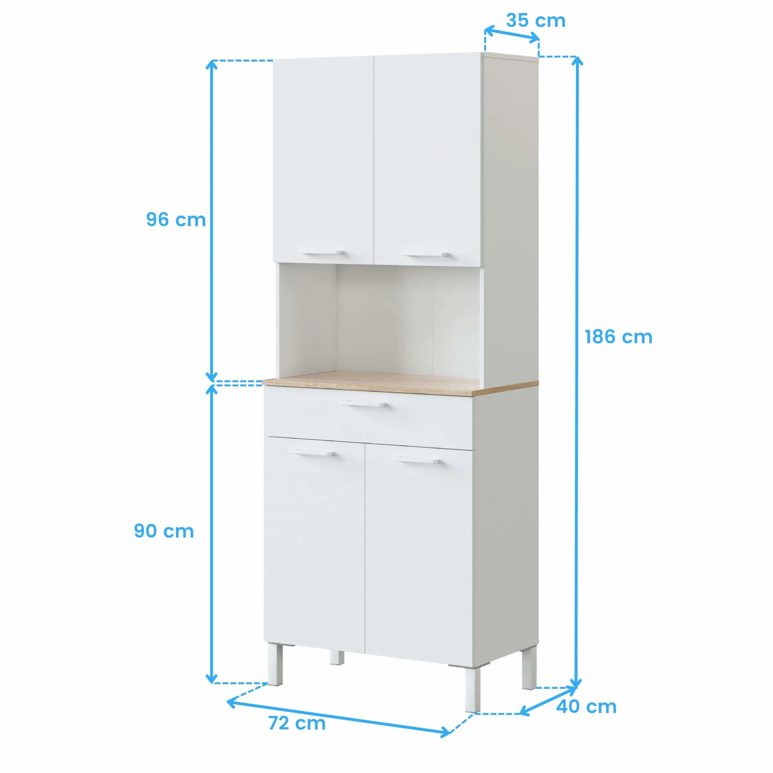 Habitdesign Mueble Auxiliar Cocina 4 Puertas + 1 Cajón, Modelo Kira, Acabado Blanco Artik y Roble Canadian, Medidas: 186 cm (Alto) x 72 cm (Ancho) x 40 cm (Fondo)