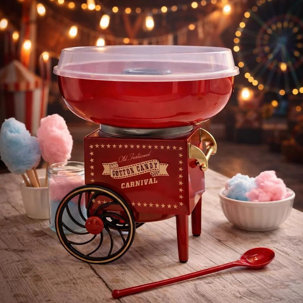 Marco Paul - Máquina de hilo dental para uso doméstico, máquina de hilo dental de caramelo con cuchara, estilo carnaval, máquina de algodón de azúcar retro para fiestas infantiles, cumpleaños y