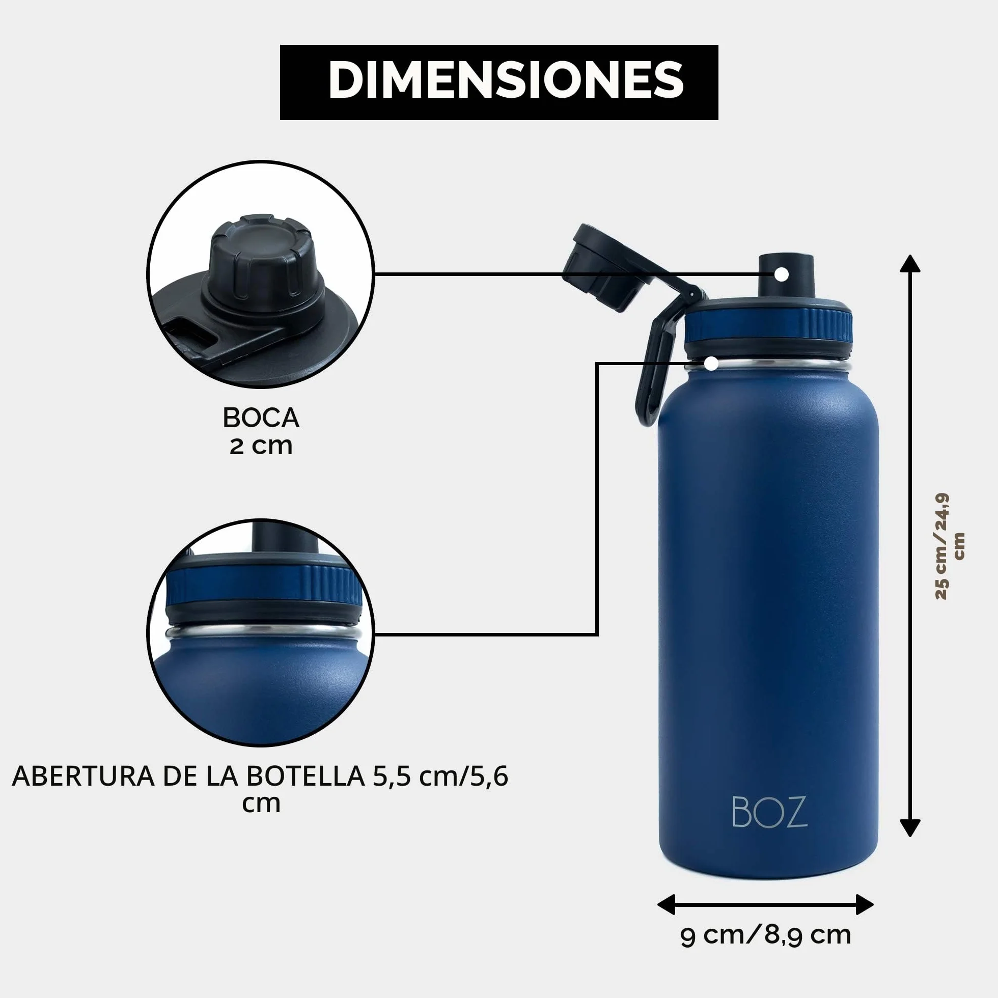 BOZ Botella Agua Acero Inoxidable de 1l, Botella Térmica 1 Litro con Aislamiento de Doble Pared, Termo Agua Fría y Caliente de Boca Ancha Sin BPA, Botella Isotérmica Antiderrame Color Azul Oscuro