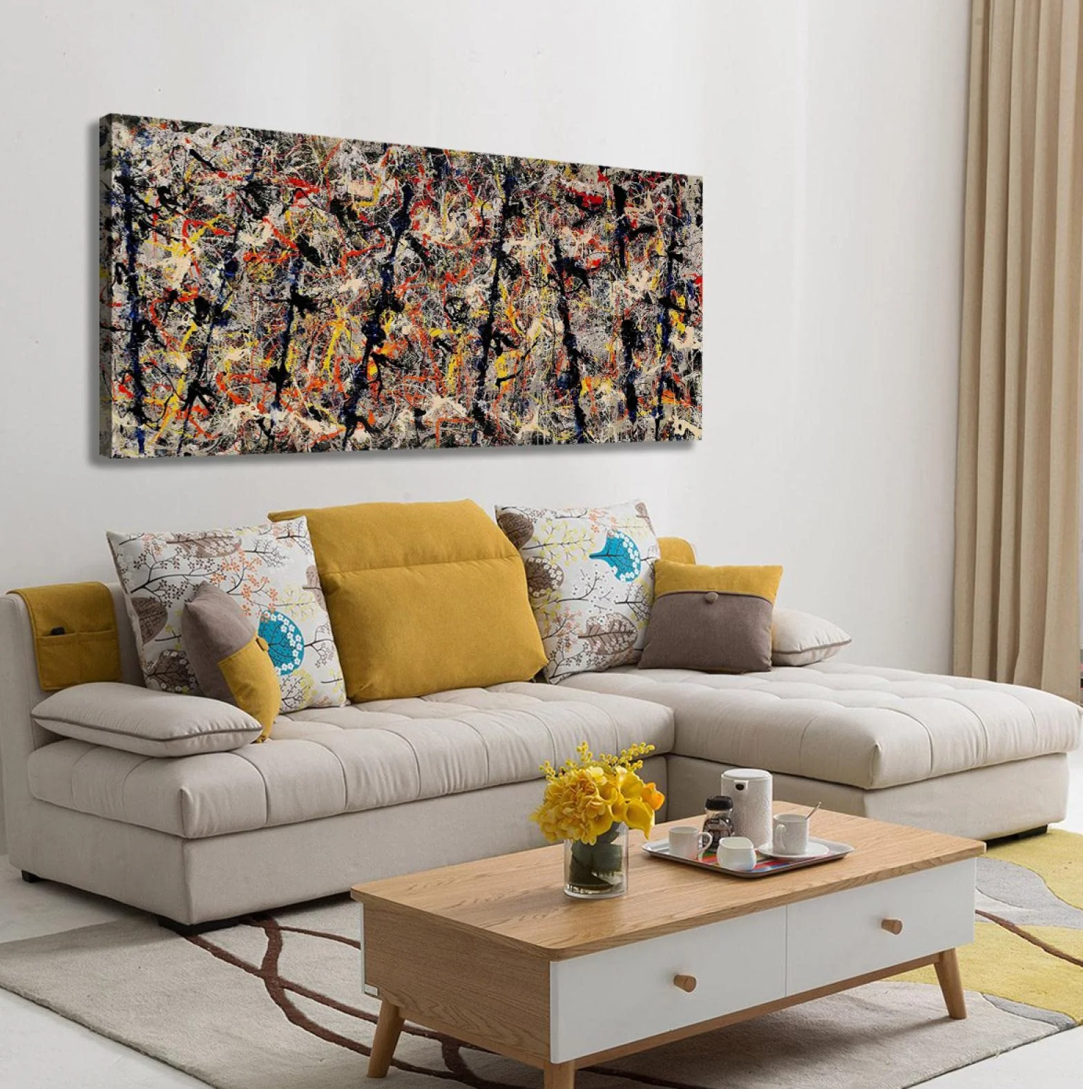 KAWAAI Jackson Pollock Canvas Wall Art - Blue Poles 1952 Fine Art Print Poster - Famosa decoración de pared para la oficina de la sala de estar 50x125cm Marco interno