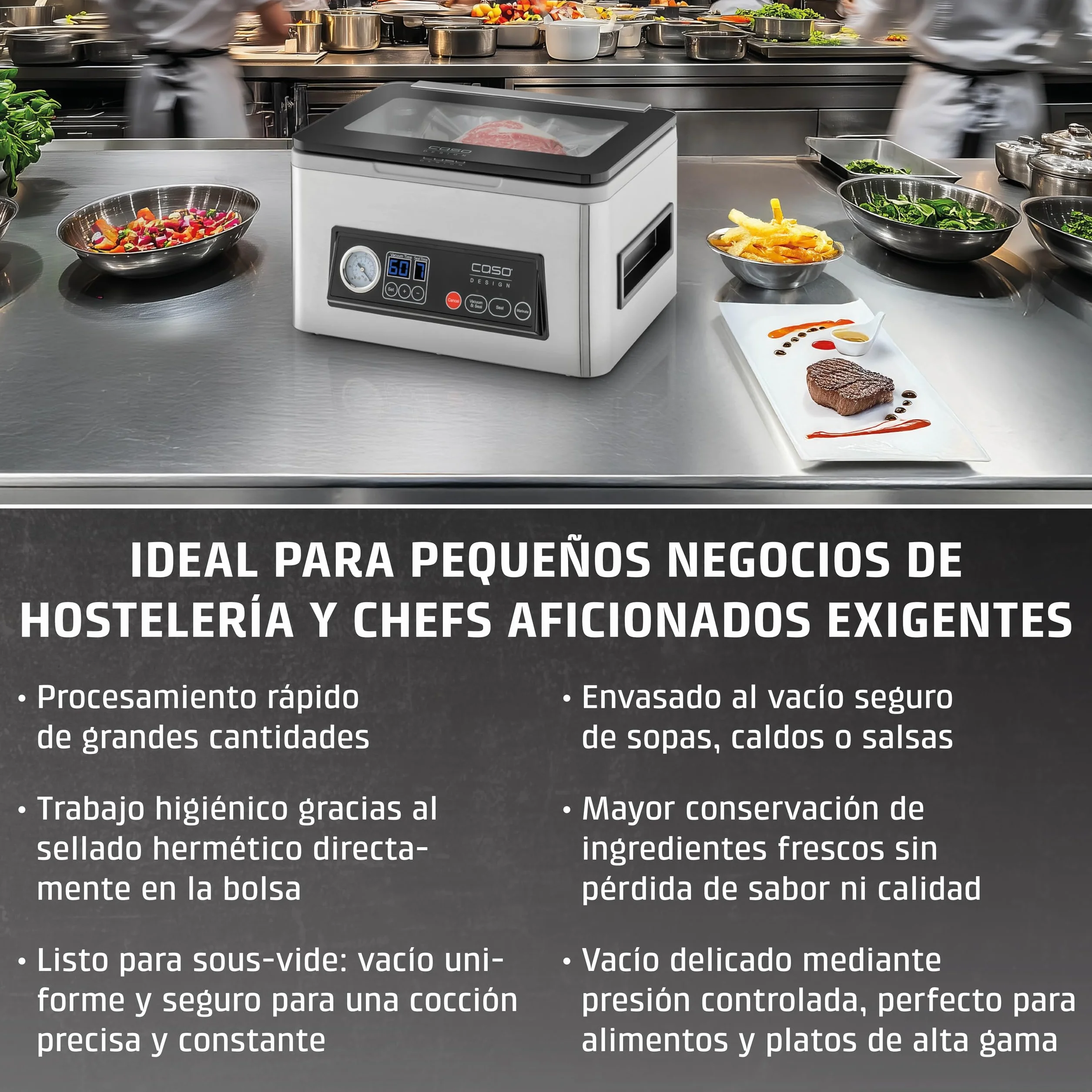 CASO VacuChef 40 - Envasadora al vacío profesional de cámara compacta - Potente capacidad de vacío de 70 L/min - Cámara con capacidad de 3 litros - acero inoxidable
