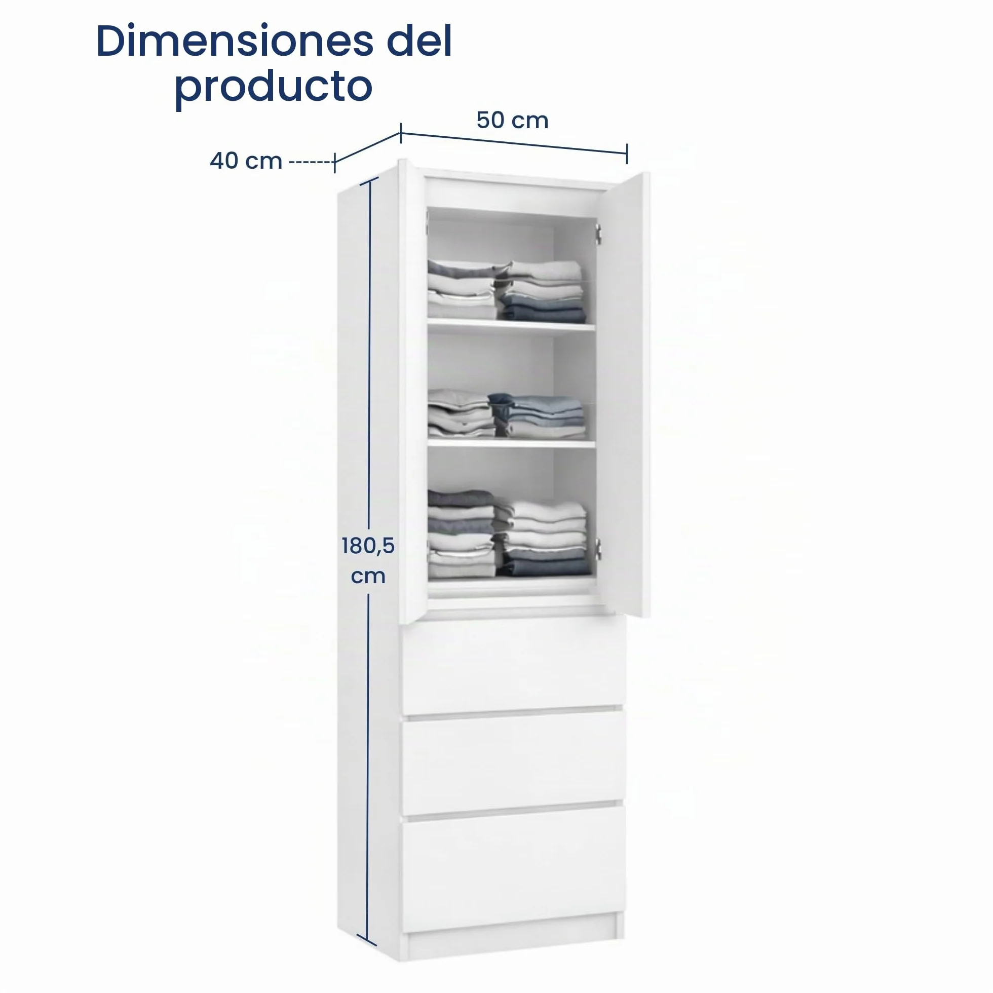 Home Collective Armario multiusos de 2 puertas con 3 estantes y 3 cajones, para dormitorio, pasillo u oficina, 50 x 40 x 180 cm, color blanco