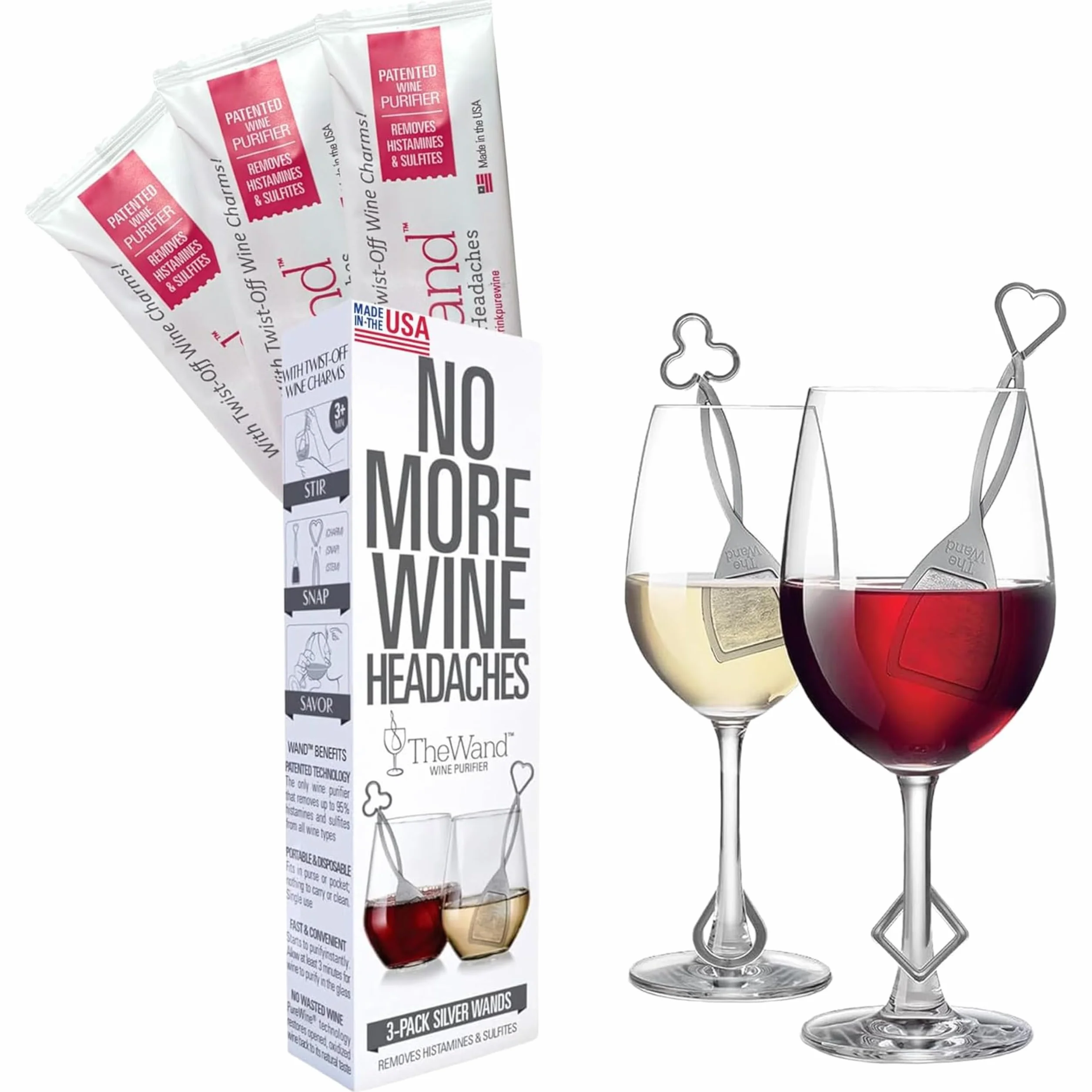 PureWine Red Wand - Filtro de histamina y sulfito, purificador, reduce las alergias al vino, varilla agitadora airea el vino, paquete de 8
