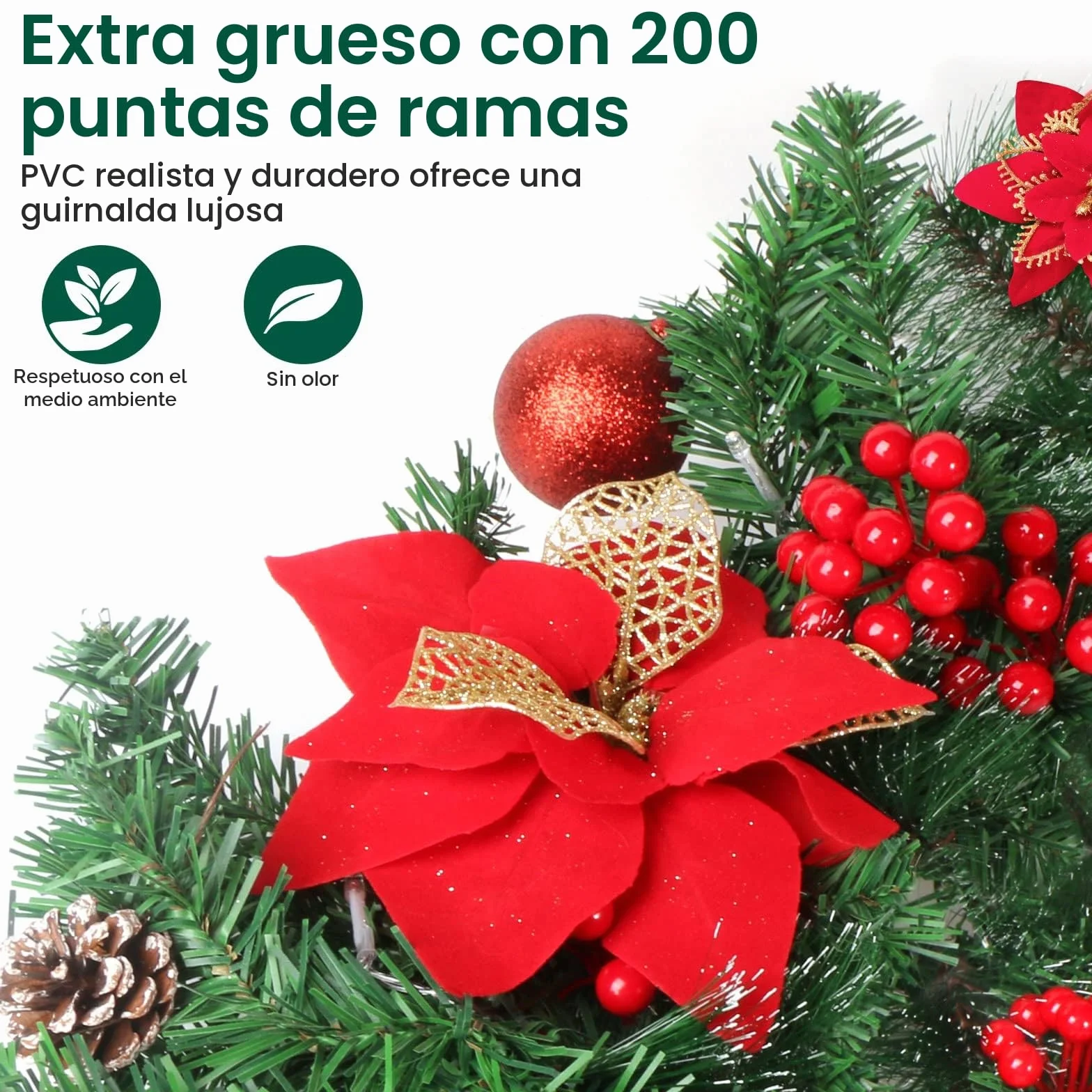 Guirnalda de Navidad con Luces LED, 2,7 m (9 pies) Corona de Navidad Artificial con Luces, Corona de Navidad de Iluminación, para chimeneas, escaleras, Adorno de Navidad (Rojo)