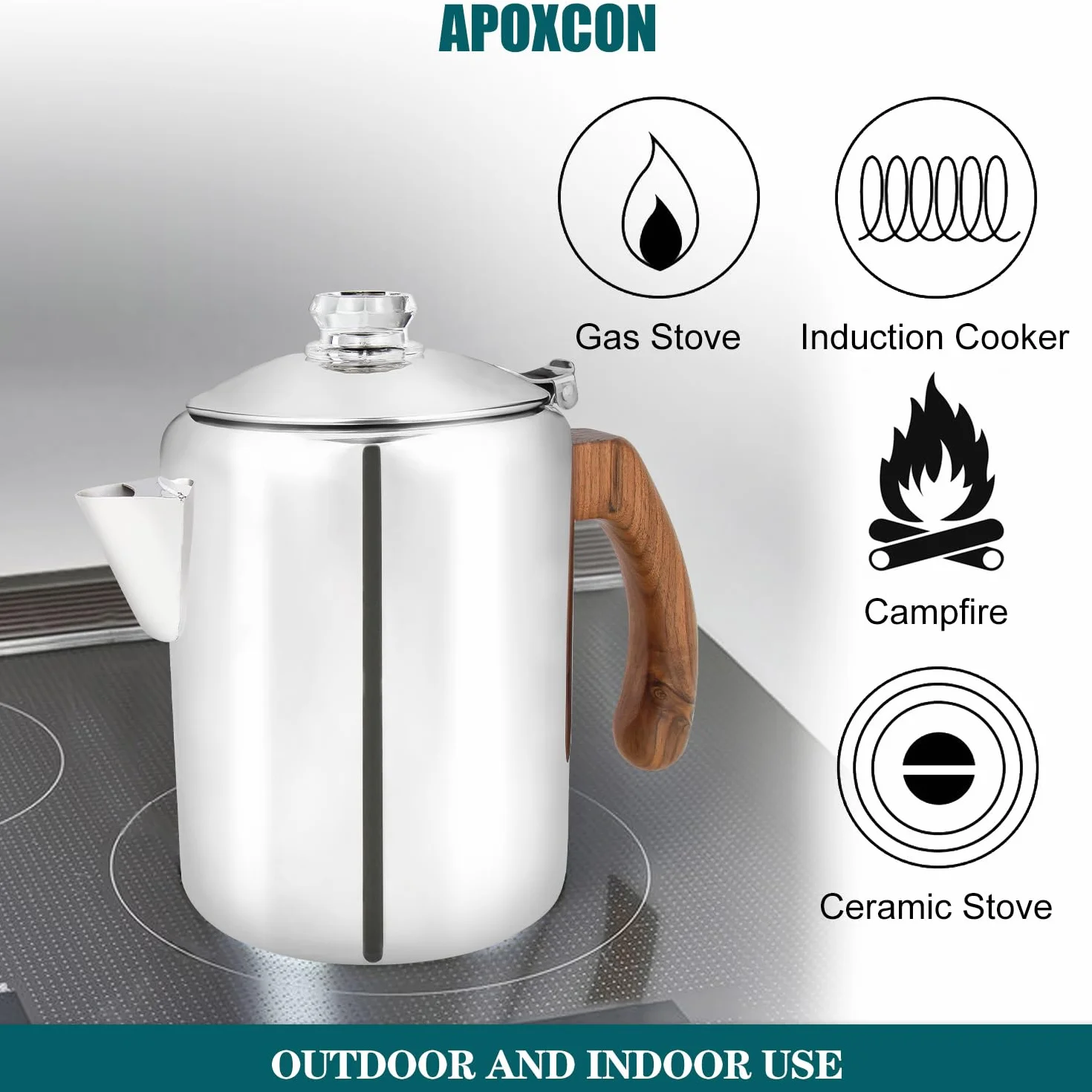 Cafetera percolador de acero inoxidable con perilla de vidrio y mango de madera - para camping y estufa