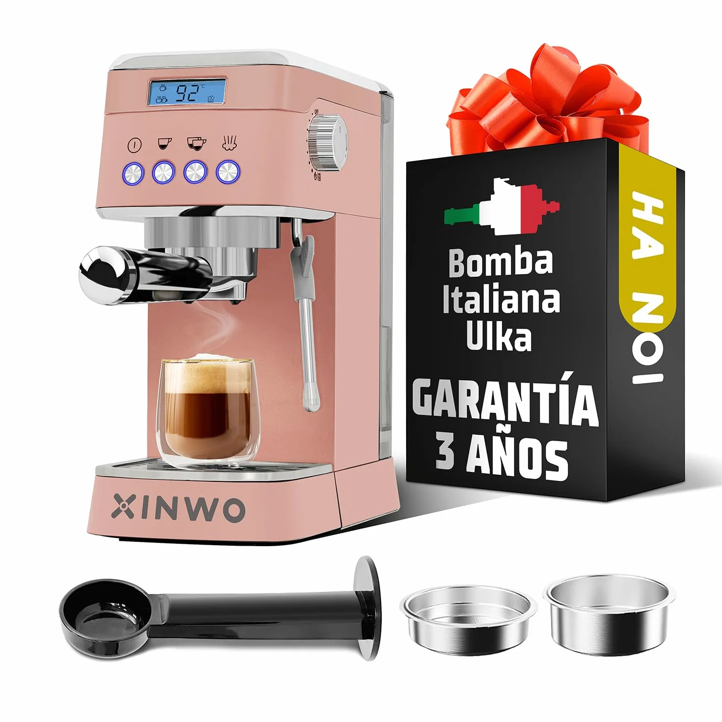 Cafetera Hanoi - Cafetera Express para Espresso y Cappuccino, 1350W, 20 Bares, Vaporizador, Brazo Portafiltros con Doble salida y 2 Filtros, Depósito Agua 1.2L, Calientatazas, Accesorios - Moca