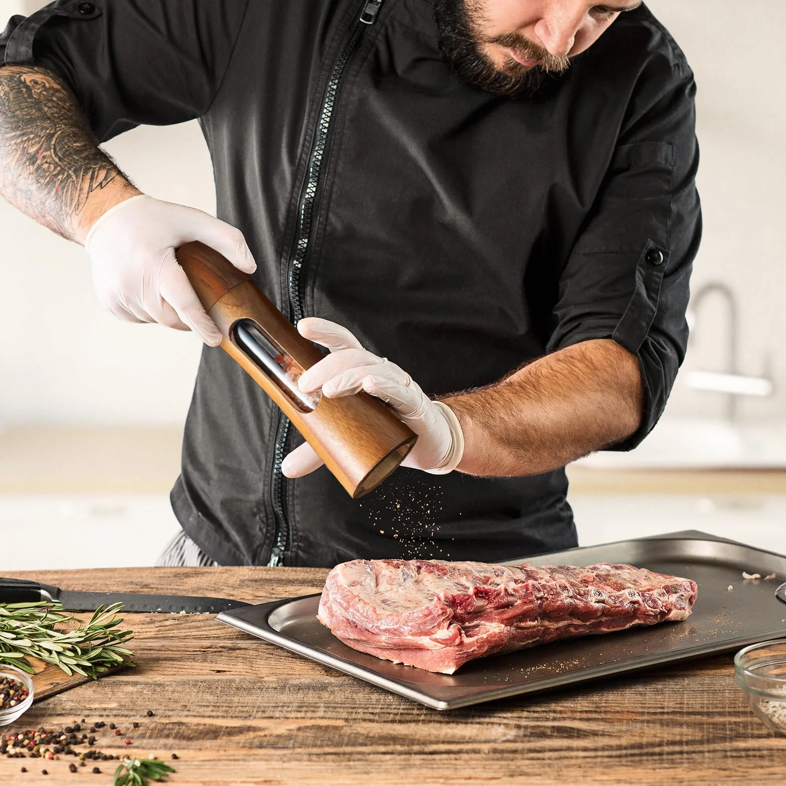Molinillo de Pimienta de Madera con Ventana Acrílica, Molinillo de Sal de Cerámica Ajustable, 2 Piezas