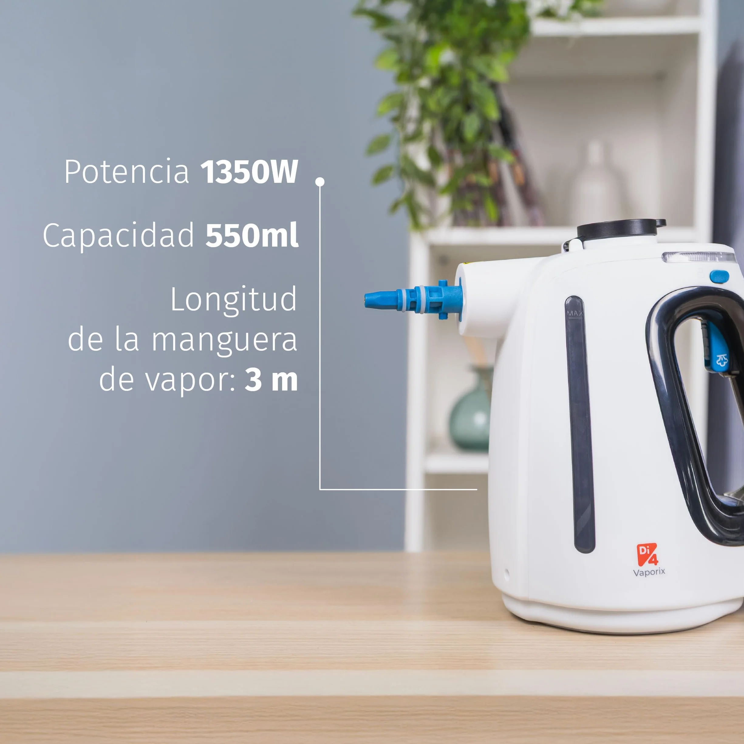 Limpiador a Vapor de Mano 1350W 32 g/min 30s Calentamiento 550 ml 9 Accesorios Manguera 3 m Vaporix