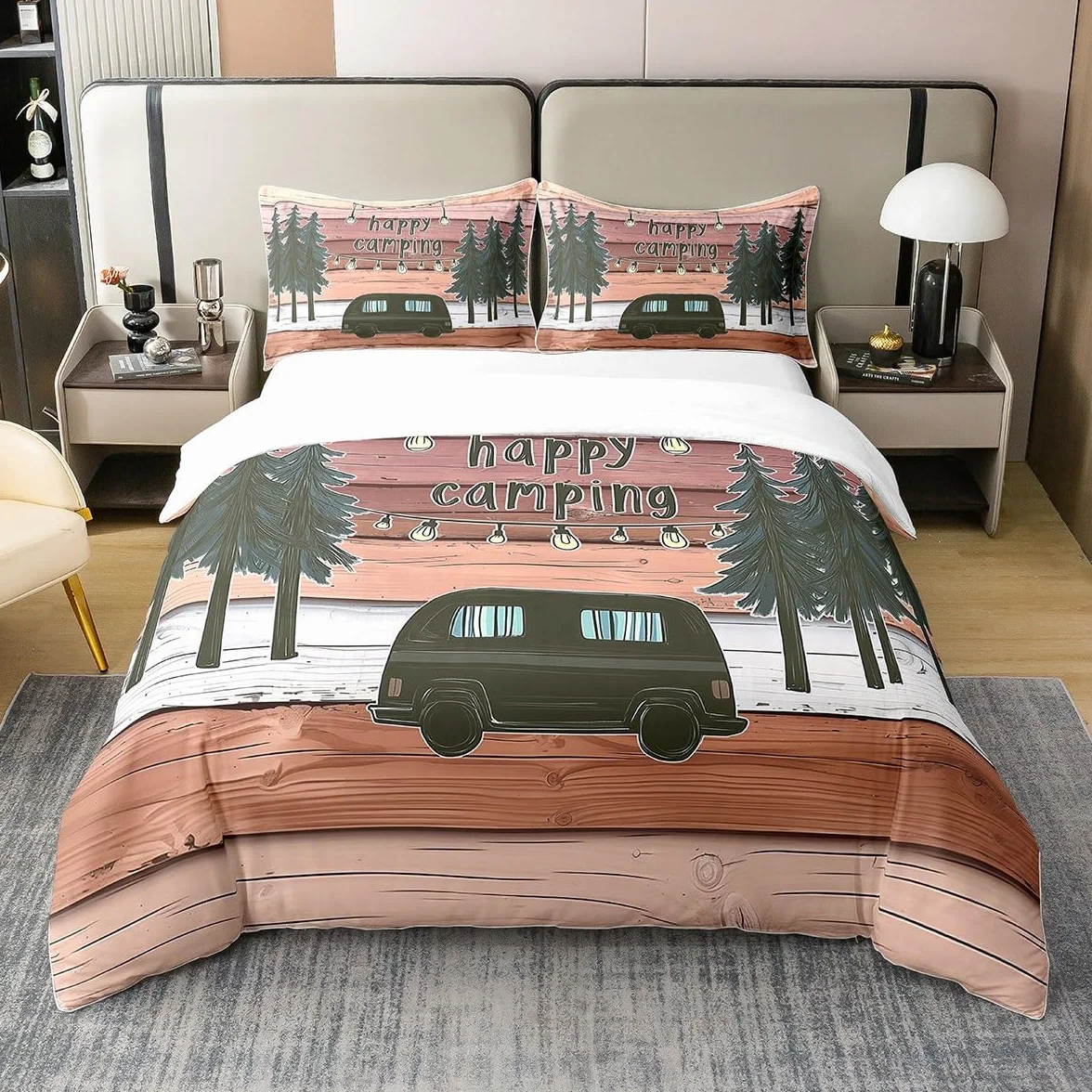 Loussiesd Juego de ropa de cama naranja de tamaño doble, funda de edredón de camping para niñas, accesorios para viajes, árbol, vintage, 100% algodón, decoración de habitación, 3 piezas