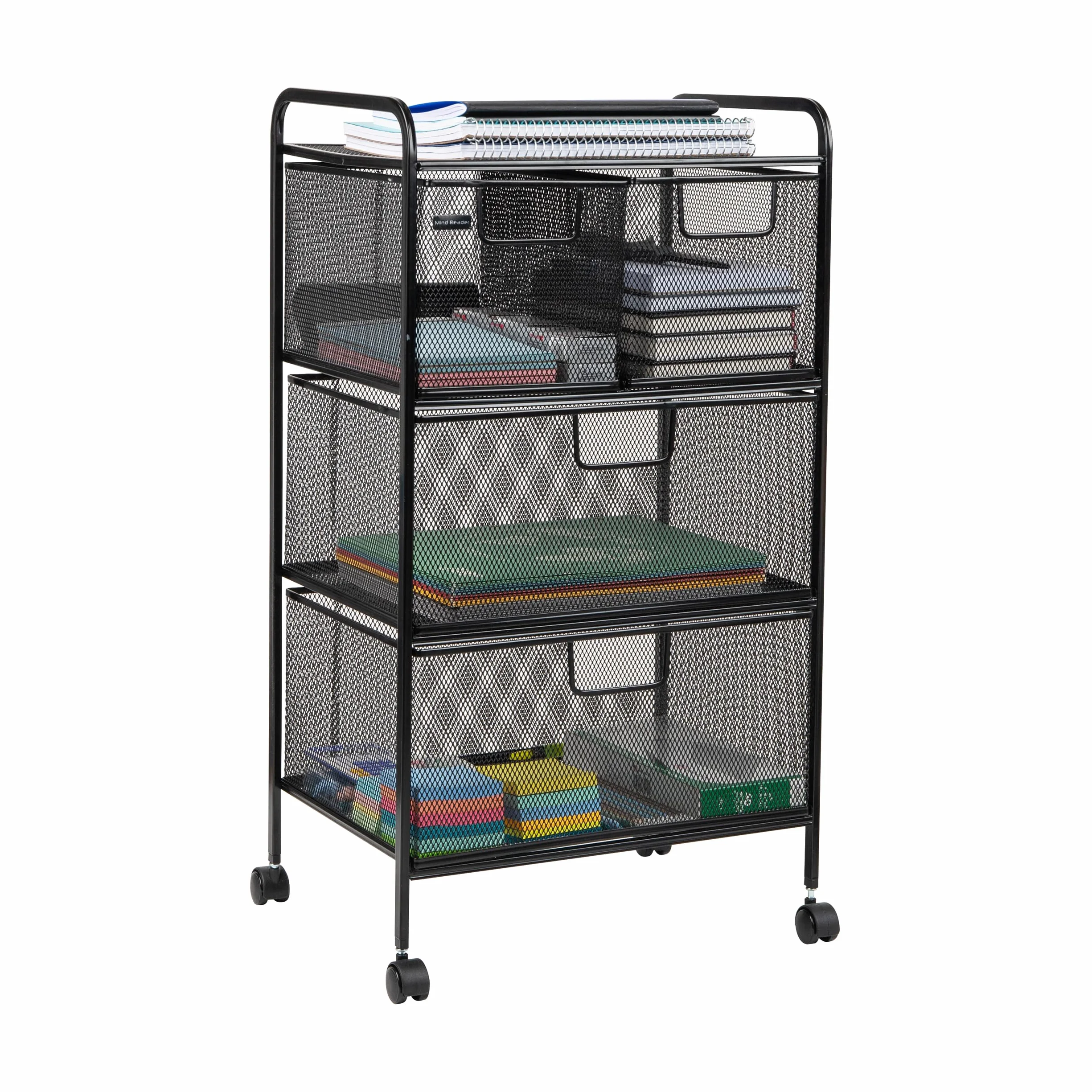 Mind Reader Carrito con cajones, organizador de lavandería, carrito utilitario, baño, cocina, malla metálica, 40.6 cm de largo x 27.9 cm de ancho x 73.7 cm de alto, color negro