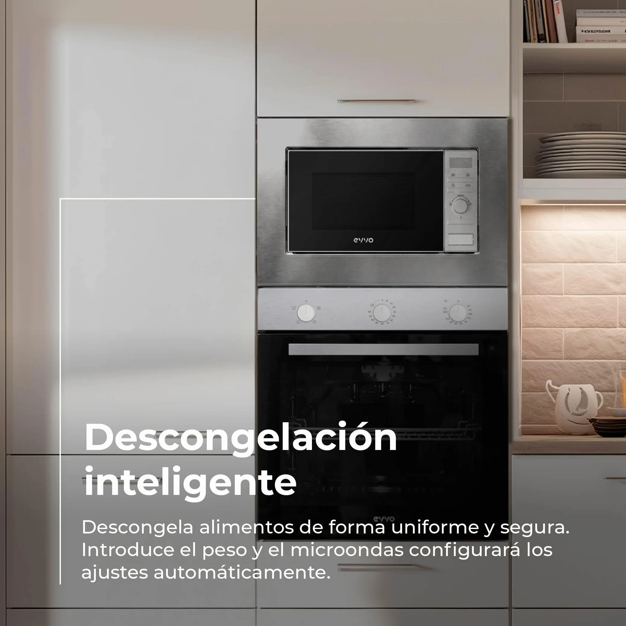 EVVO Microondas Integrable Mi30 Inox - 21 Litros, Horno Microondas Función Grill, Display Digital, Bloqueo Infantil y Temporizador de 60 Minutos, Negro