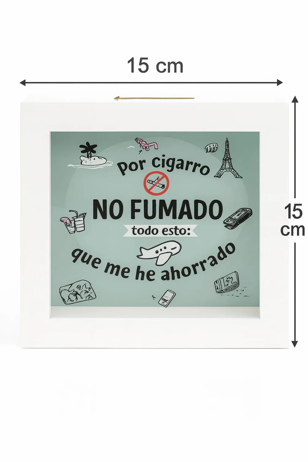 Hucha de Madera Blanca con Cristal, Hucha para Ex Fumadores con Mensaje Motivacional, Ahorro por Cigarrillo No Fumado 15x15x5cm