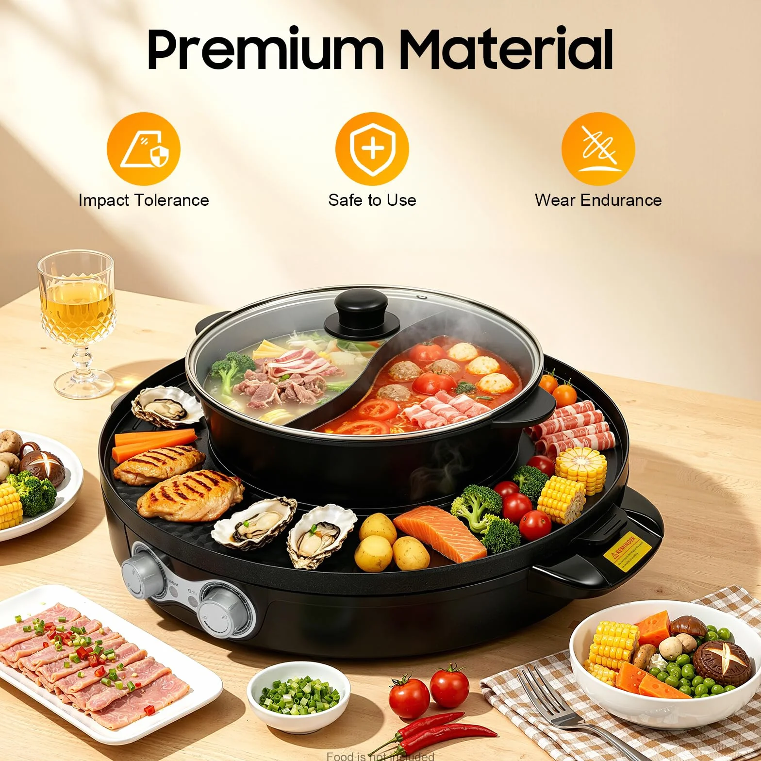 Parrilla de raclette y Hotpot 2 en 1, Calentador eléctrico de acero inoxidable antiadherente