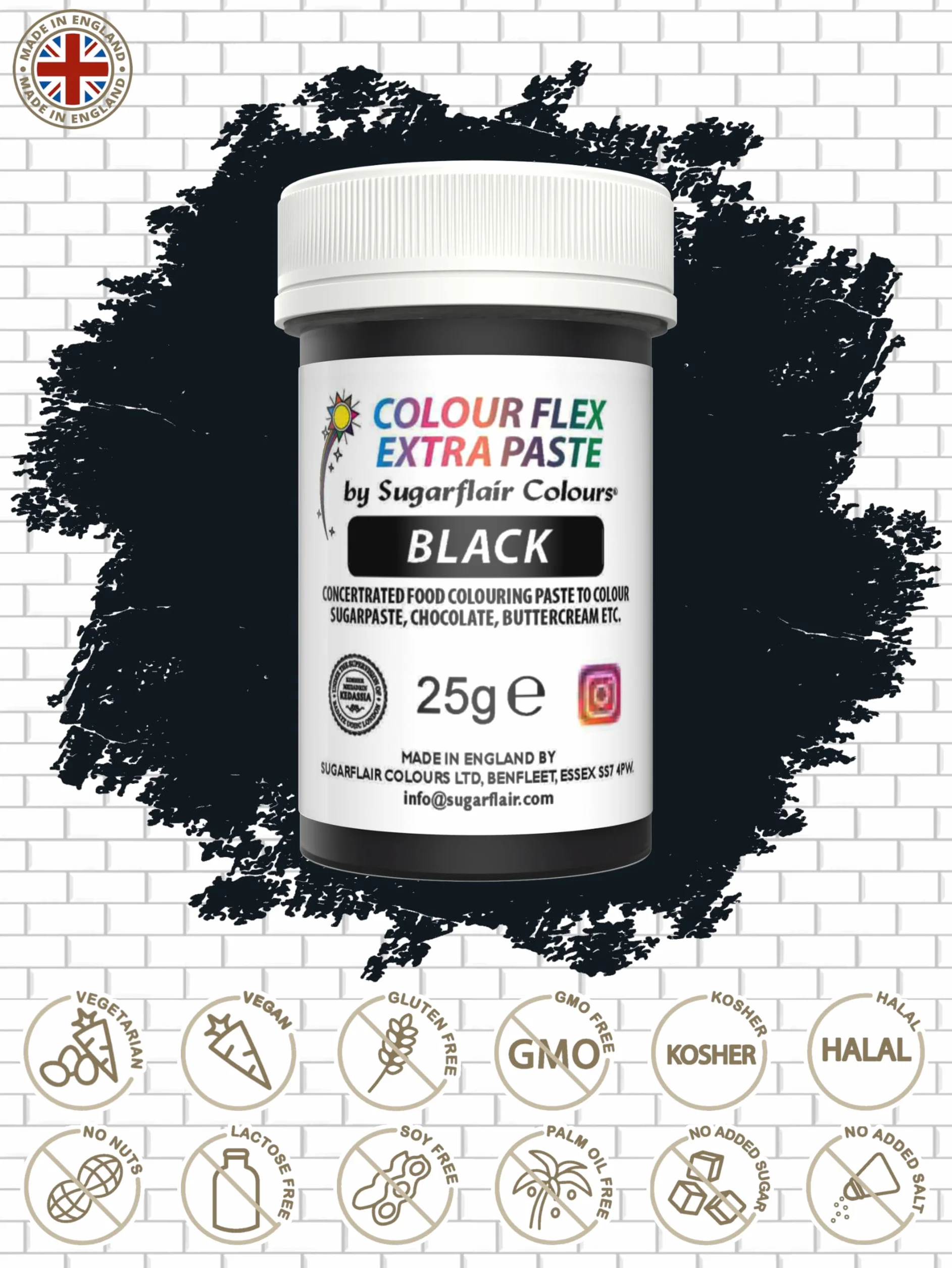 Sugarflair Colourflex Extra Paste Black 25g Colorante Alimentario para Crema de Mantequilla, Glaseado, Chocolate