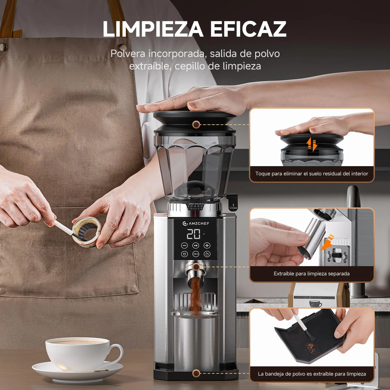 AMZCHEF Molinillo de Café Eléctrico para Espresso, 45 Ajustes de Molienda, Muelas Cónicas de Acero Inoxidable, Soporte para Portafiltros Ajustable, Panel Táctil LED, Tecnología Anti-Stática