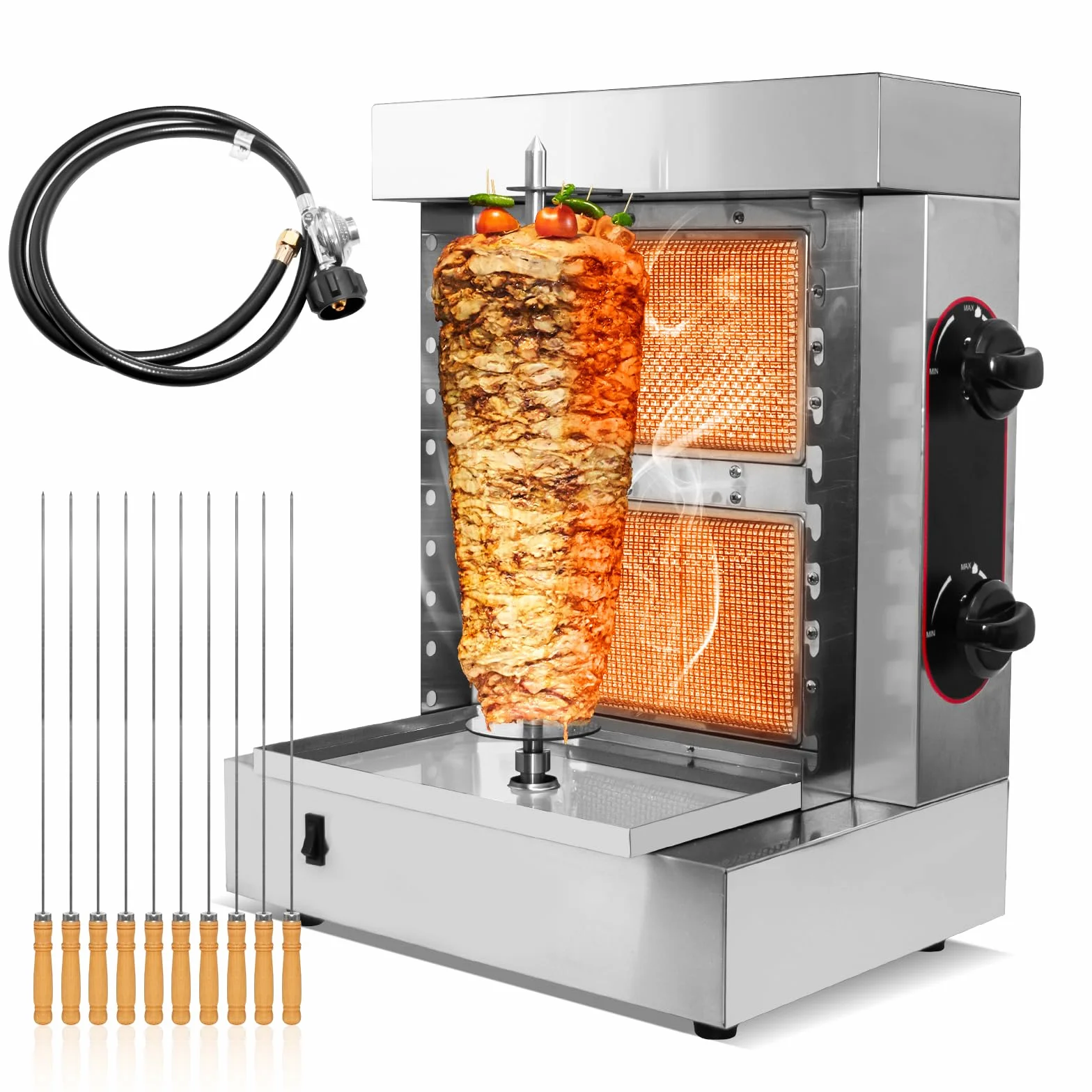 Máquina de Parrilla Shawarma Profesional 2 Quemadores, Asador para Kebabs y Tacos Al Pastor, Incluye 10 Pinchos de Acero Inoxidable