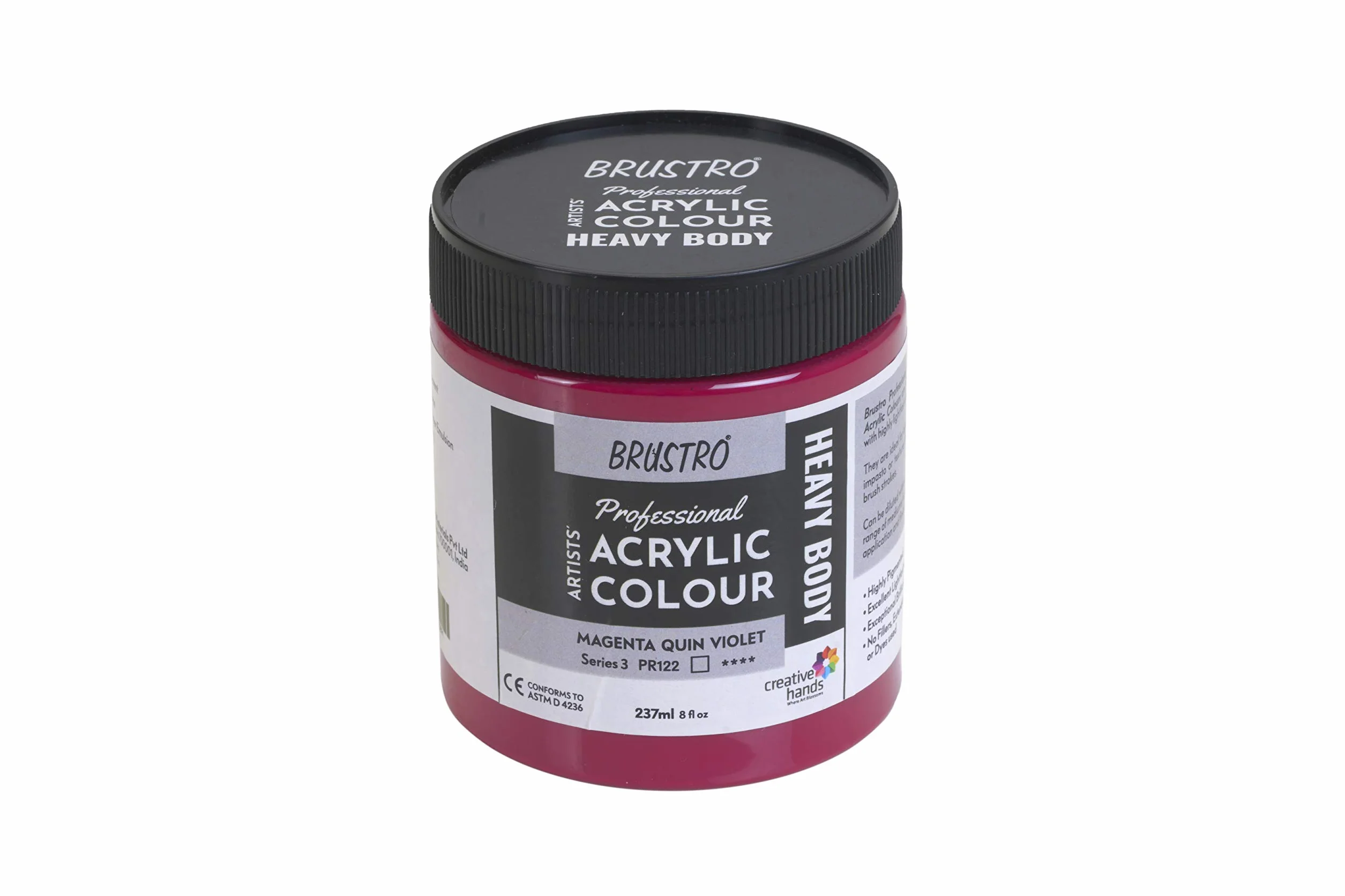 BRUSTRO Pintura acrílica profesional de 237 ml, color magenta, Quin Violet (Sr 3), ideal para lienzos, técnicas de pintura con textura e impasto, efectos dimensionales, retiene pinceladas.