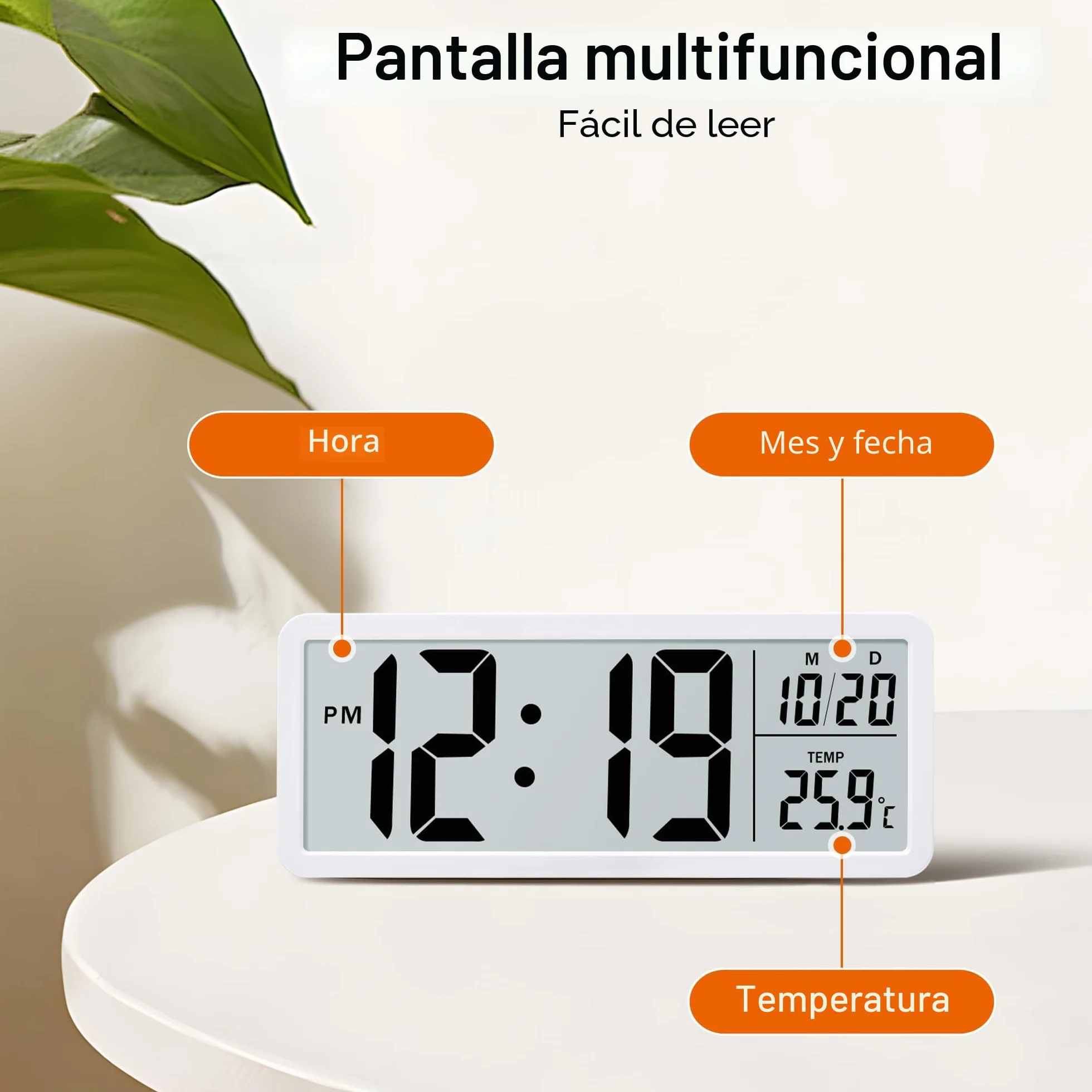 Lafocuse 8.5" Reloj de Pared Digital Pilas, LCD Pantalla Grande Silencioso, Reloj Digital de Pared et de Sobremesa con Temperatura, Fecha, 12/24 Horas, para Salon Cocina Dormitorio Oficina, Blanco