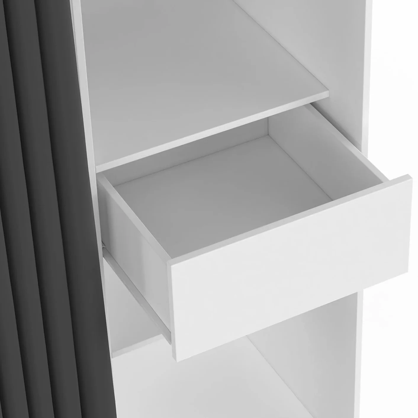 IDMarket - Vestidor extensible doble XXL MERYL 120/180 cm blanco con cajones + estantes + armario + cortina gris