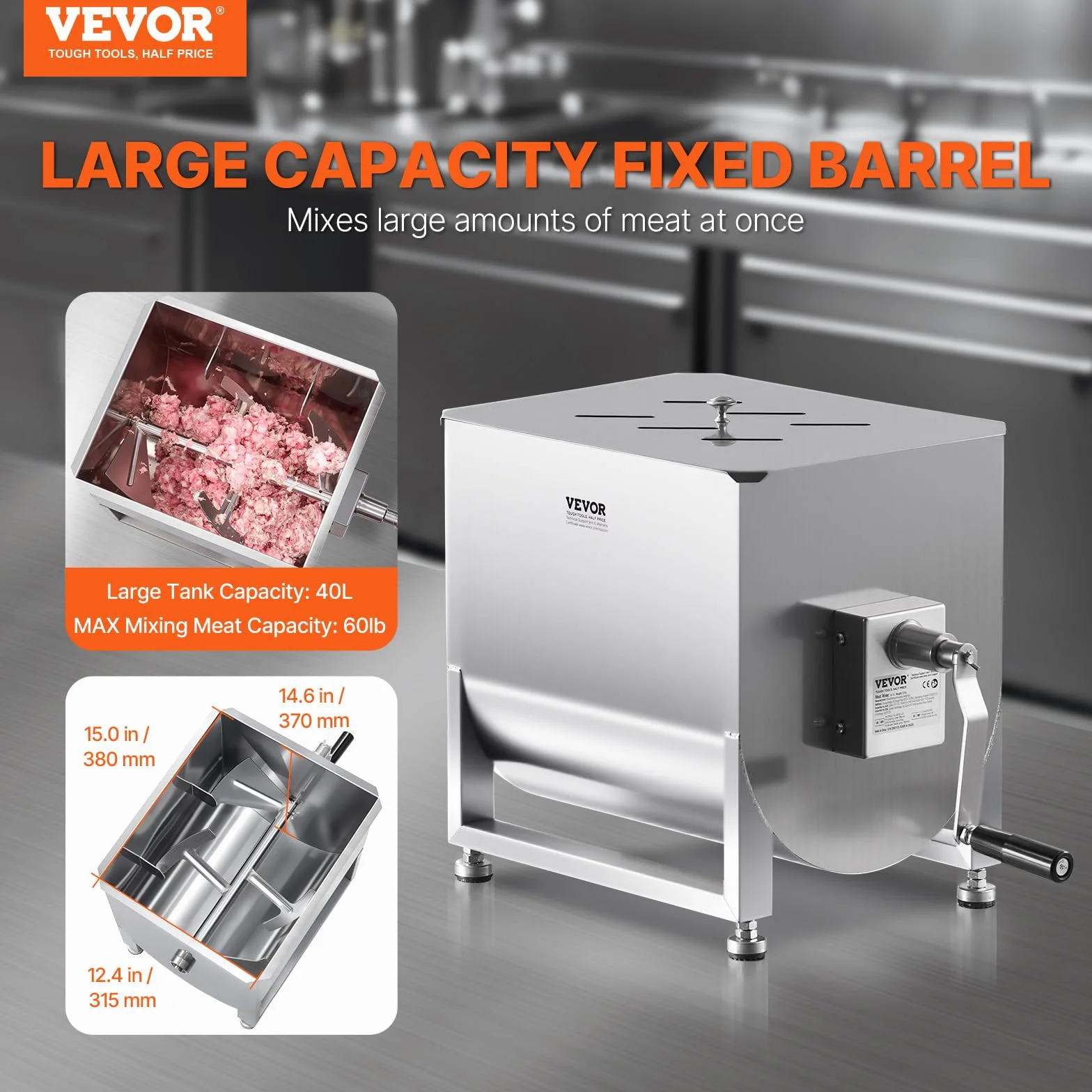 VEVOR Mezcladora de Carne Manual Tanque de 40 L, Equipo de Procesamiento de Carne, Capacidad Máxima de Mezcla de 27,2 kg, Mezcladora de Salchichas de Acero Inoxidable con Tapa, Caja de Engranajes
