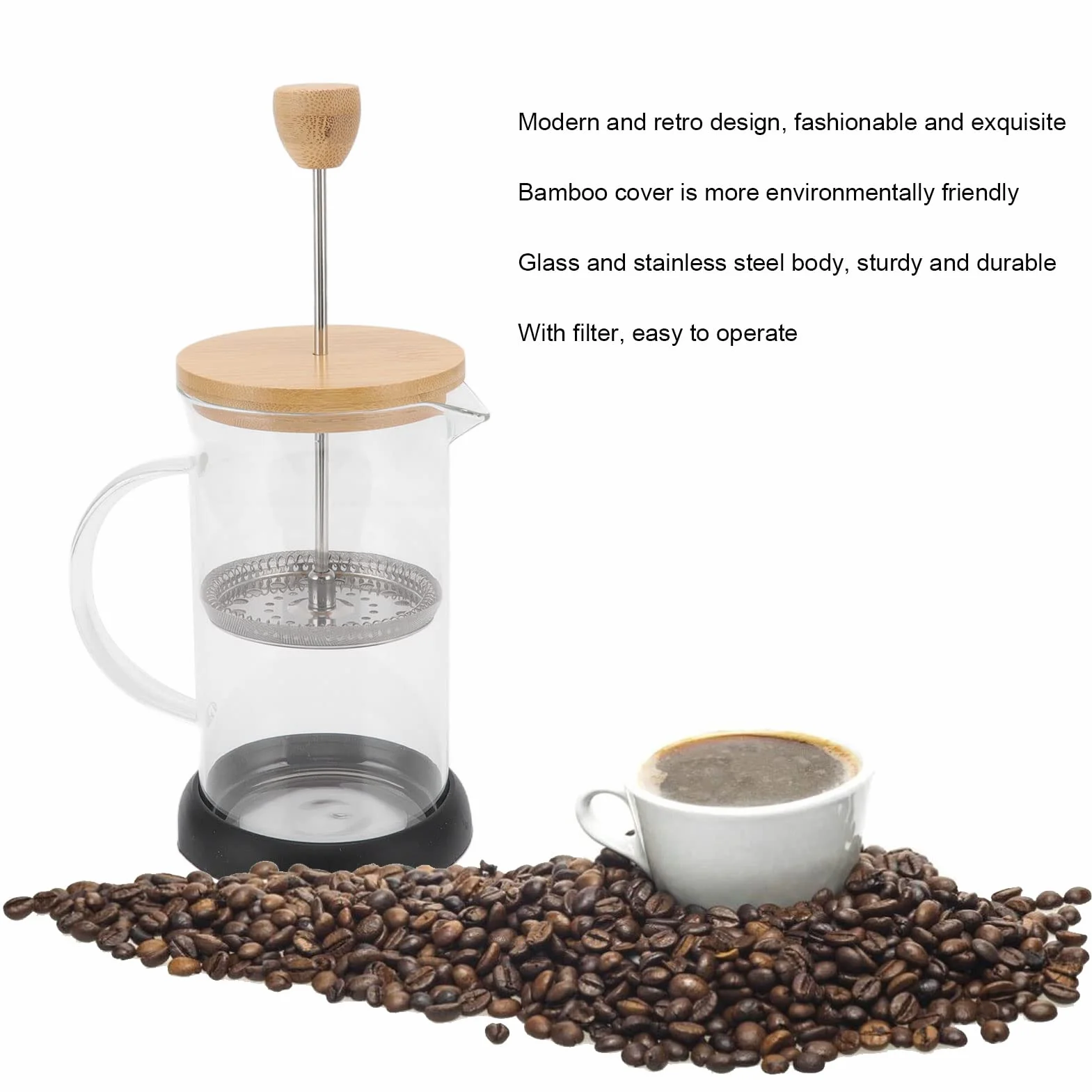 Prensa Francesa Vidrio Borosilicato 350ml Tapa Bambú Filtro Manual