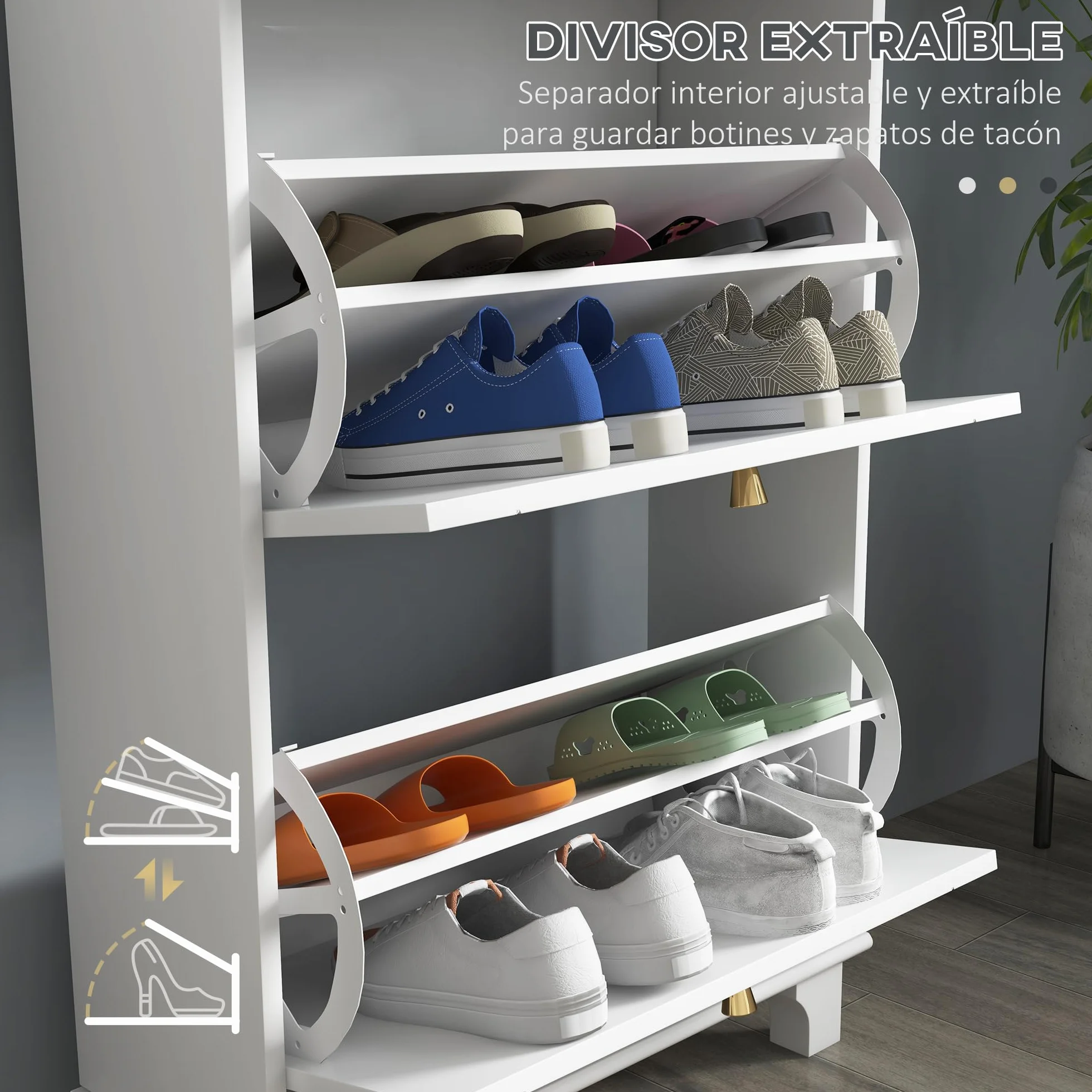 HOMCOM Mueble Zapatero Estrecho Zapatero Entrada Recibidor con 2 Cajones Abatibles y 1 Cajón Extraíble para 8 Pares de Zapatos para Pasillo 60x23,5x98,5 cm Blanco