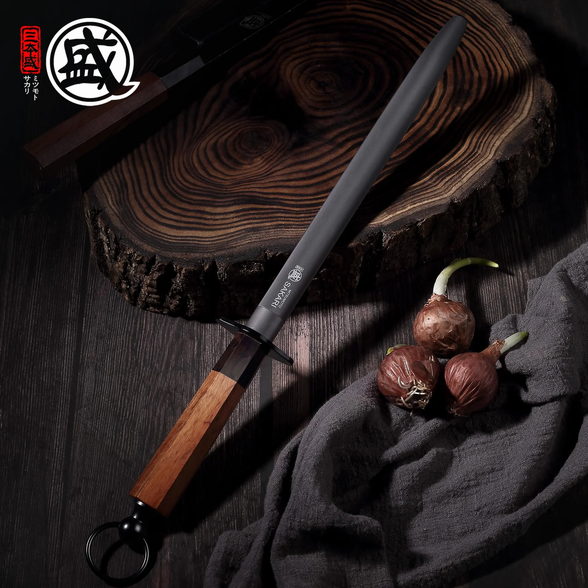MITSUMOTO SAKARI 40 cm Acero Plano Negro de Alto Carbono, Chaira Afilar Cuchillos Japones, Afilador de Cuchillos Profesional (Mango de Madera al Ácido y Caja de Regalo)