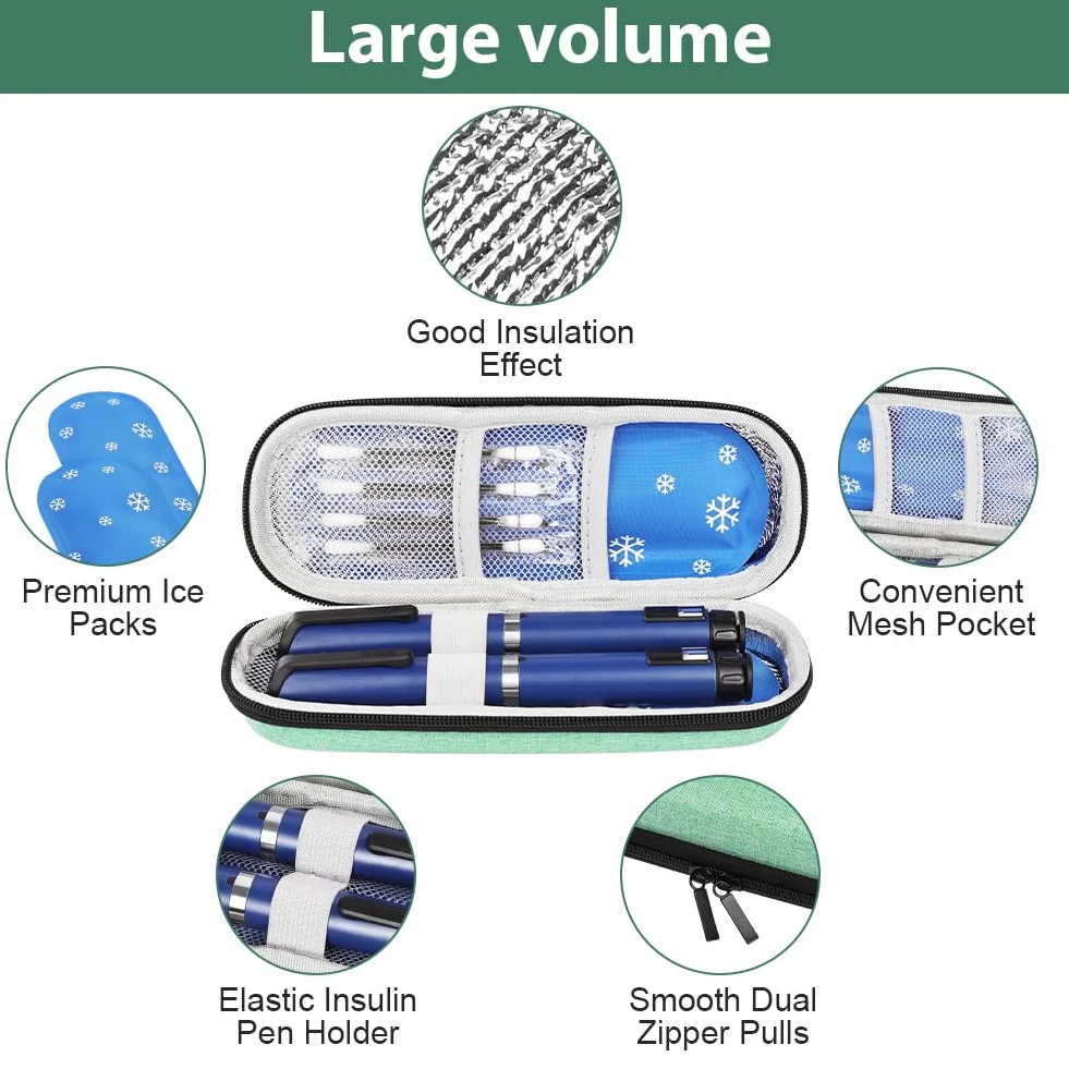 Estuche Insulina Bolsa, Nevera Insulina de Viaje con 2 Bolsas de Hielo Refrigerado TSA, Portátil Estuche Medicamentos para Diabetes con Mosquetón para Viajes Largos y Diarios (Verde)