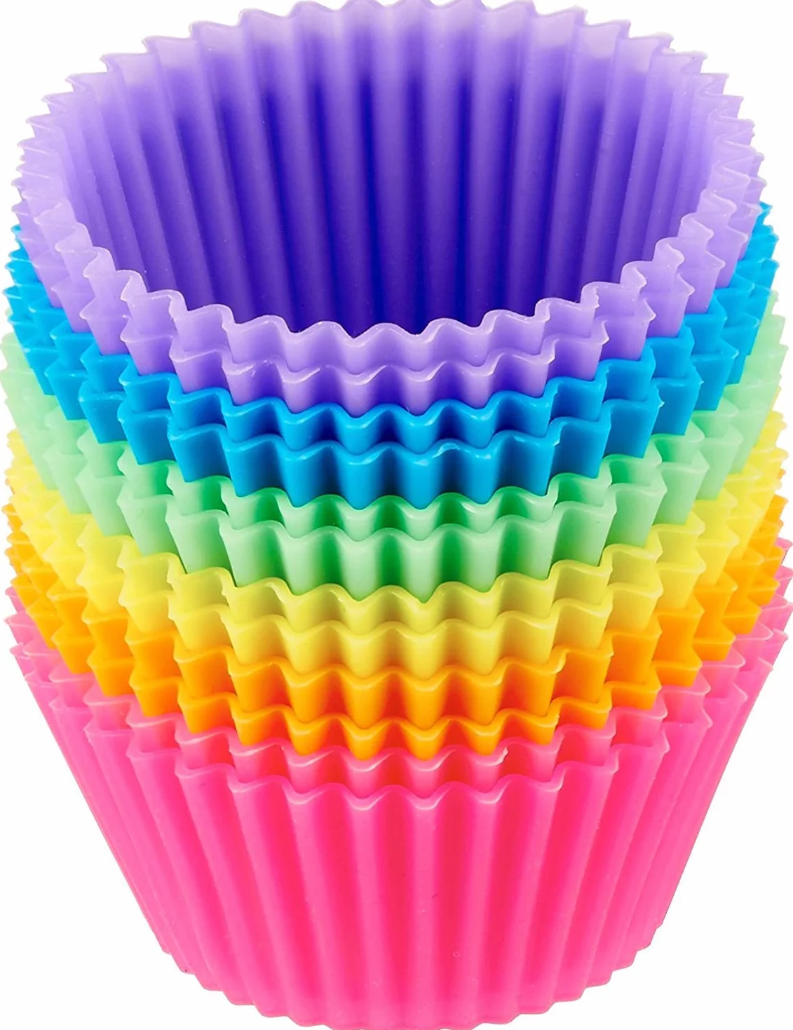 Amazon Basics Moldes Individuales de Silicona para Magdalenas, Reutilizables, Paquete de 12, Horno hasta 220°C, Multicolor
