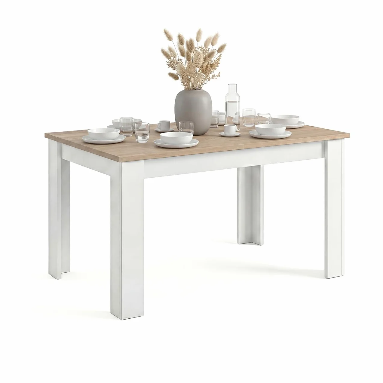 duehome | Mesa de Comedor Extensible, Mesa Rectangular, Modelo Sira, Acabado en Blanco Artik y Roble Canadian, Medidas: 123-173 cm (Largo) x 75 cm (Ancho) x 78 cm (Alto)