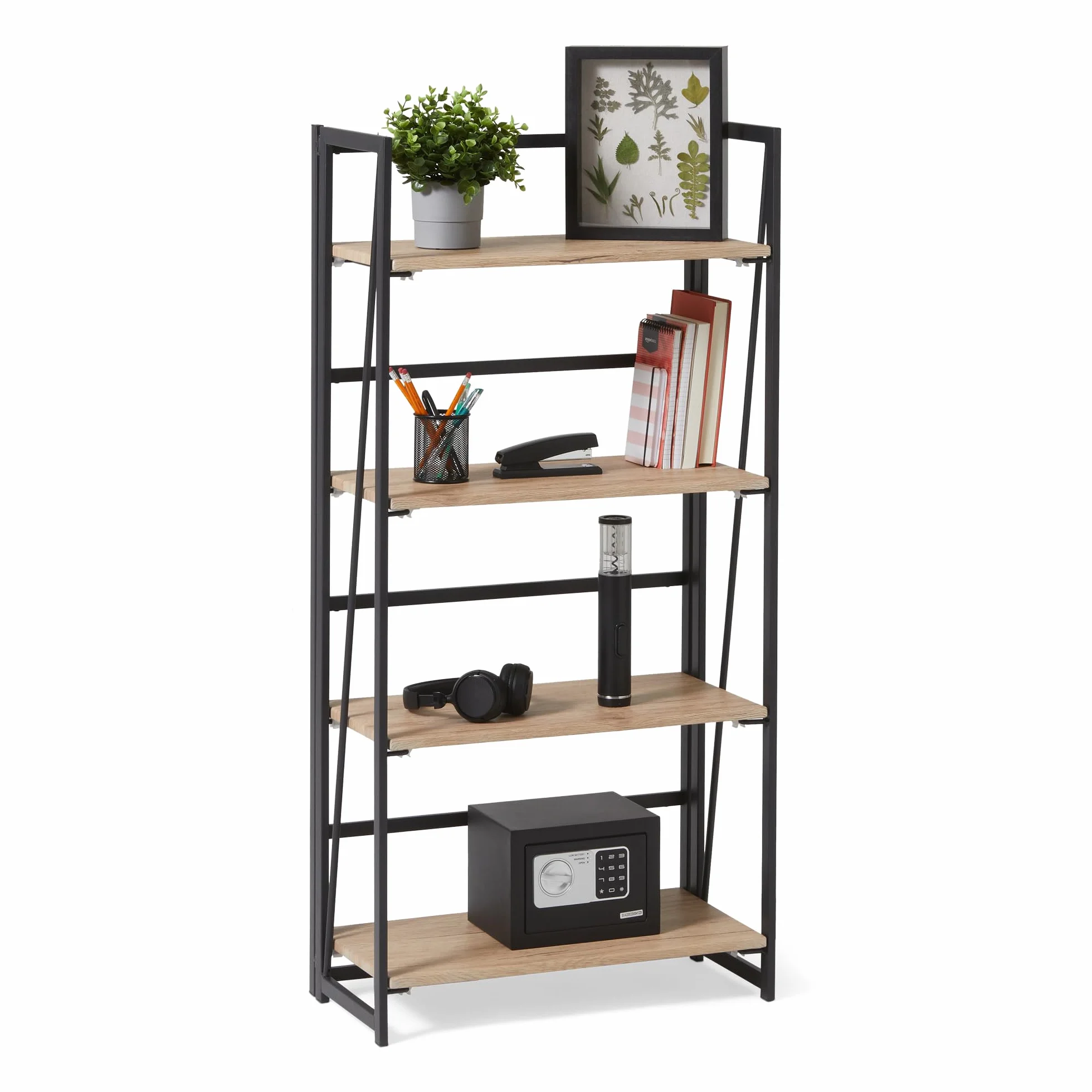 Amazon Basics Librería Plegable, Estructura de Metal, 4 Estantes de Madera, Sala de Estar, Dormitorio, Oficina en Casa, Fácil Montaje, Roble, 29,5cm x 60cm x 125cm