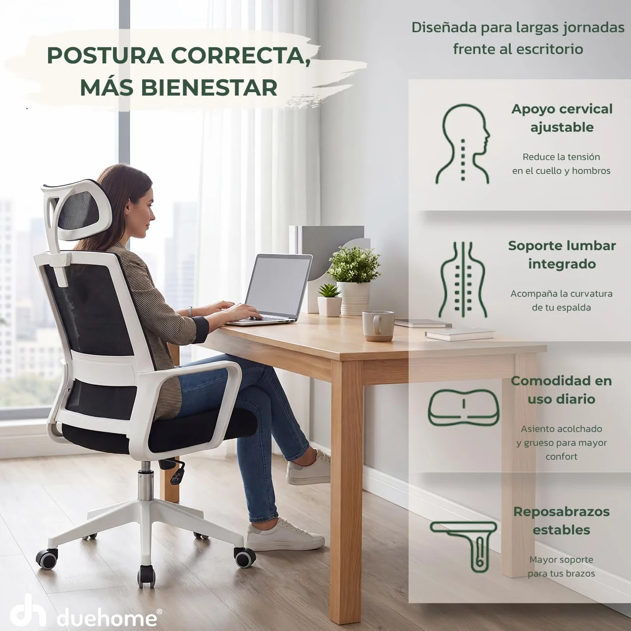 Duehome Silla de Oficina Ergonómica Dafne Negro Blanco 55x51x111-121 cm